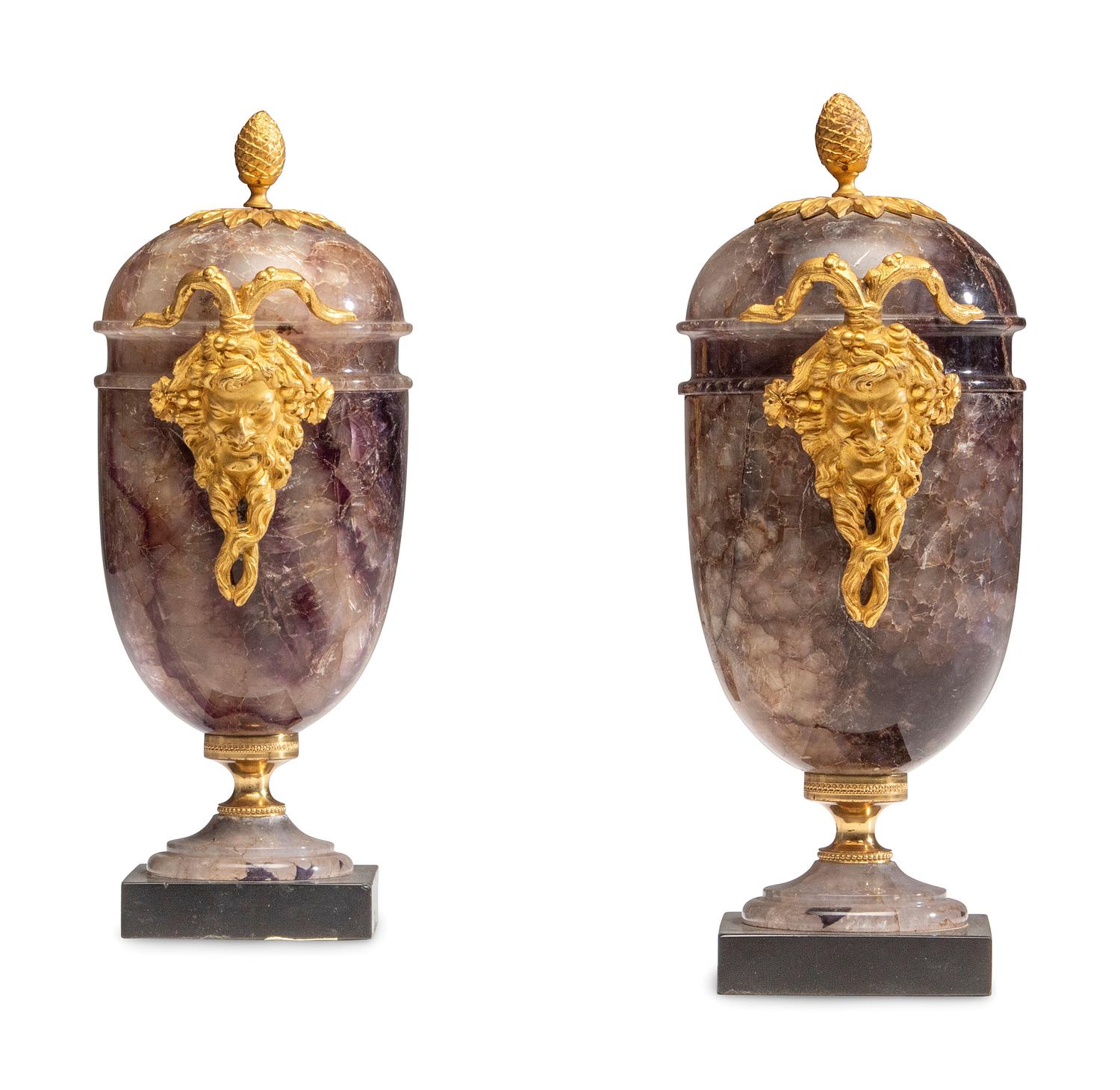 A Pair of George III Gilt Bronze Mounted Blue John Cassolettes