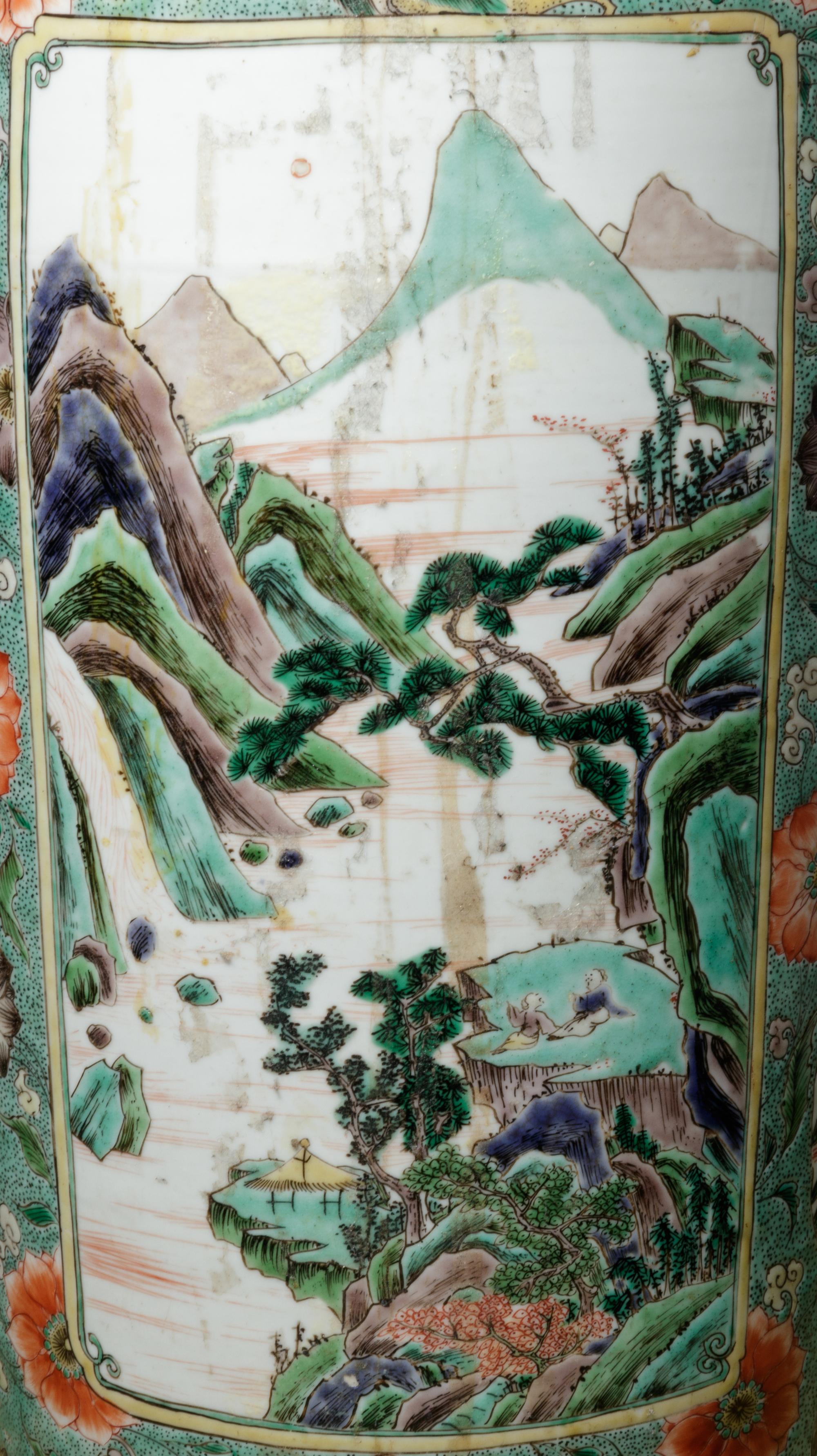 A Famille Verte Porcelain Rouleau Vase