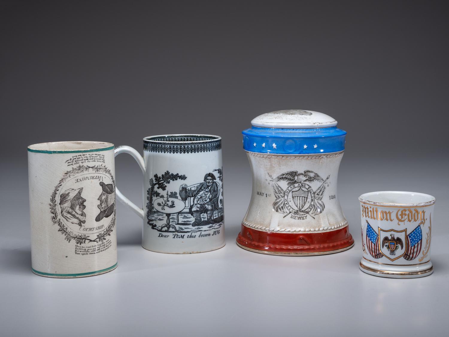 A Wheeling Pottery Dewey’s Flagship Covered Jar and Patriotic Shaving Mug