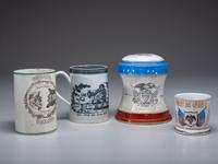 A Wheeling Pottery Dewey’s Flagship Covered Jar and Patriotic Shaving Mug