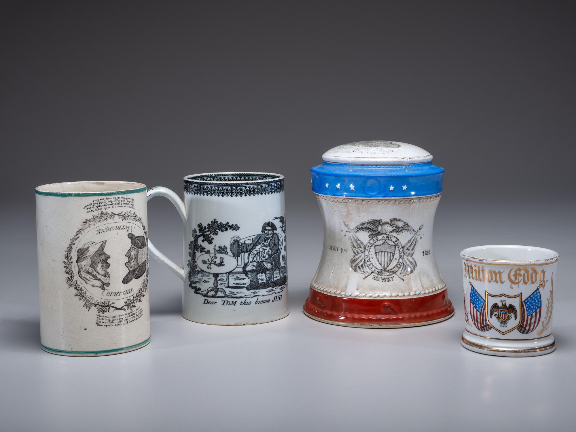 A Wheeling Pottery Dewey’s Flagship Covered Jar and Patriotic Shaving Mug