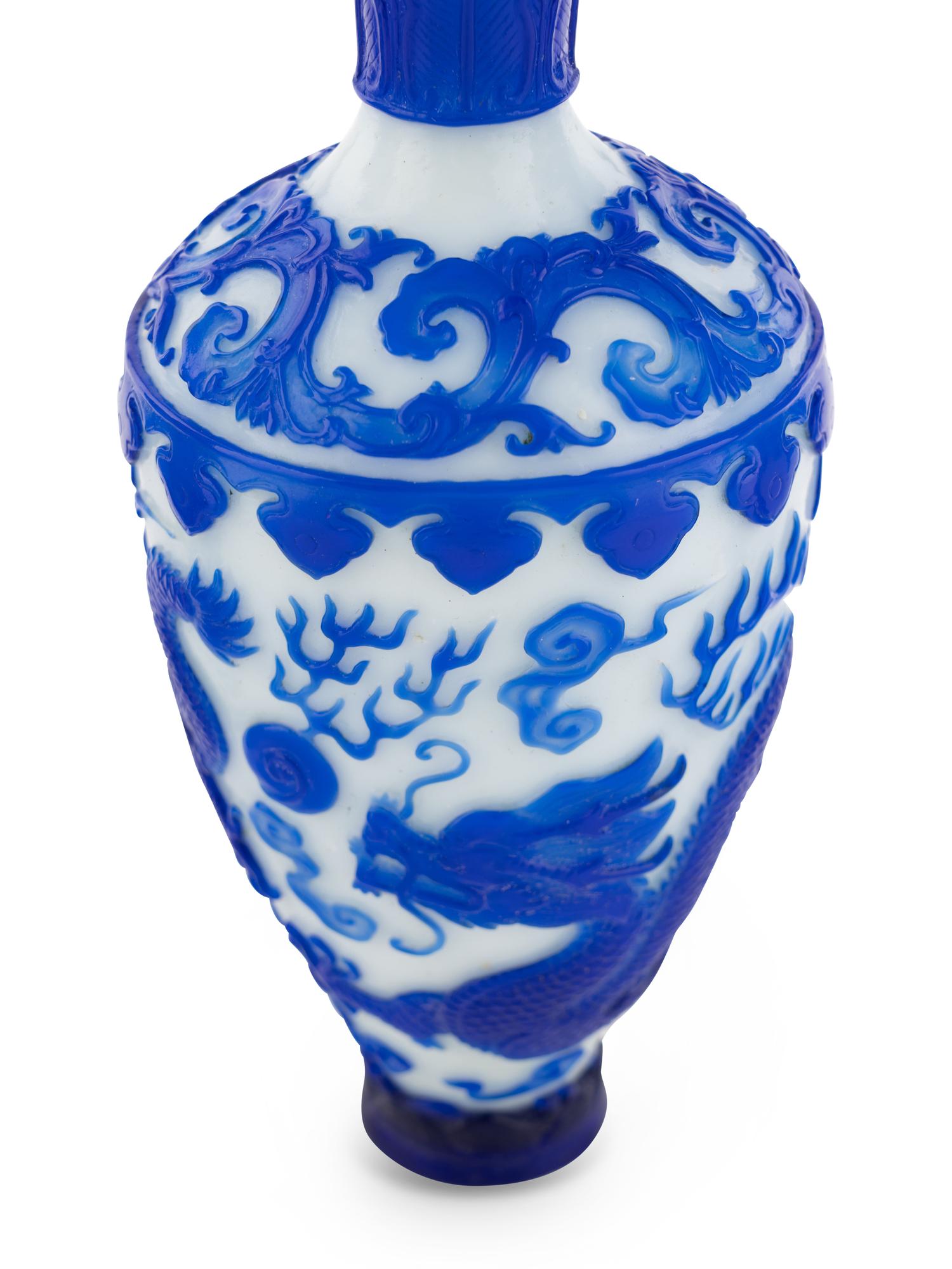 Two Pairs of Chinese Blue Overlay Opaque White Peking Glass Vases