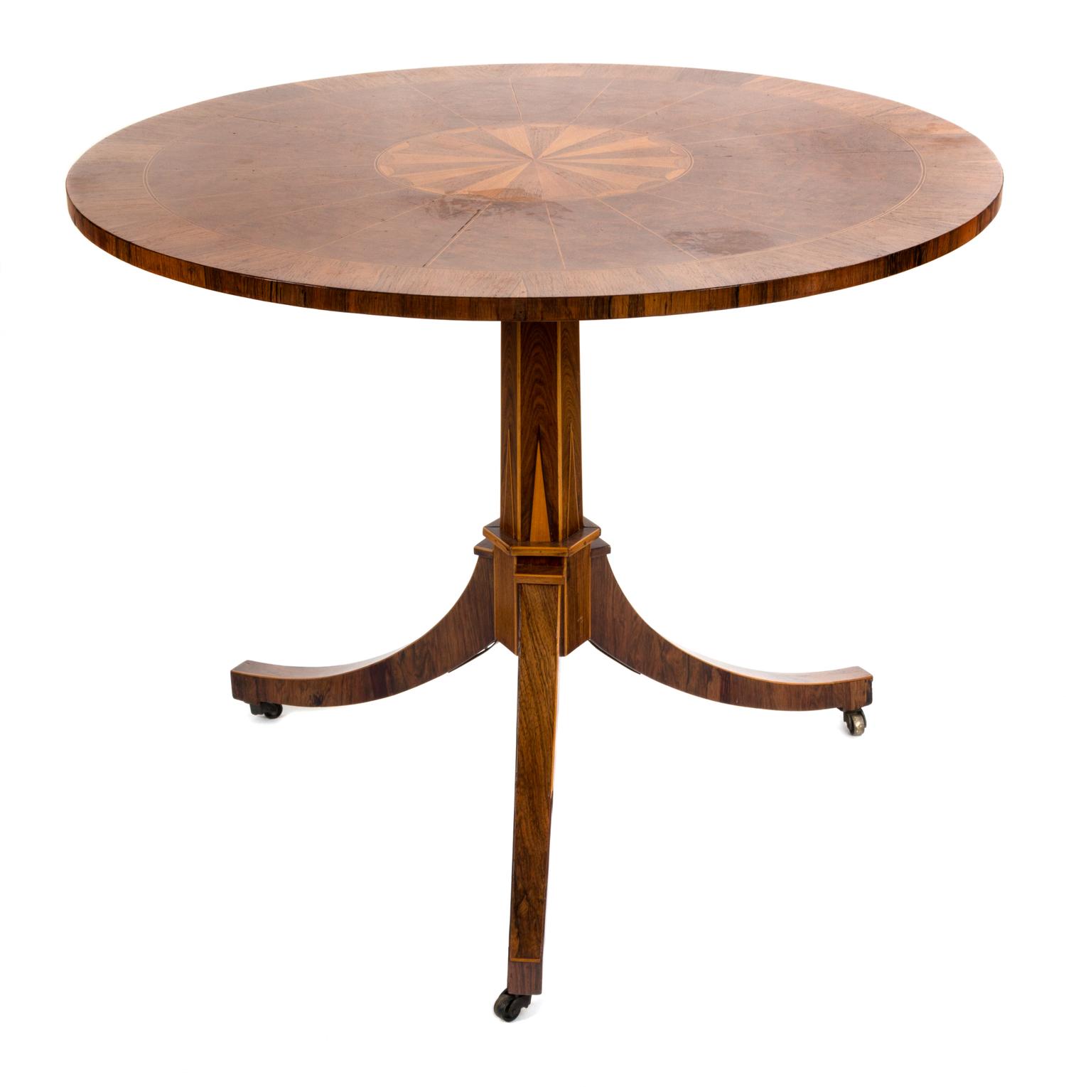 A Louis XVI Style Tulipwood and Parquetry Circular Occasional Table Height 28 1/4 x diameter 19 1/2 inches. — 19TH/20TH CENTURY