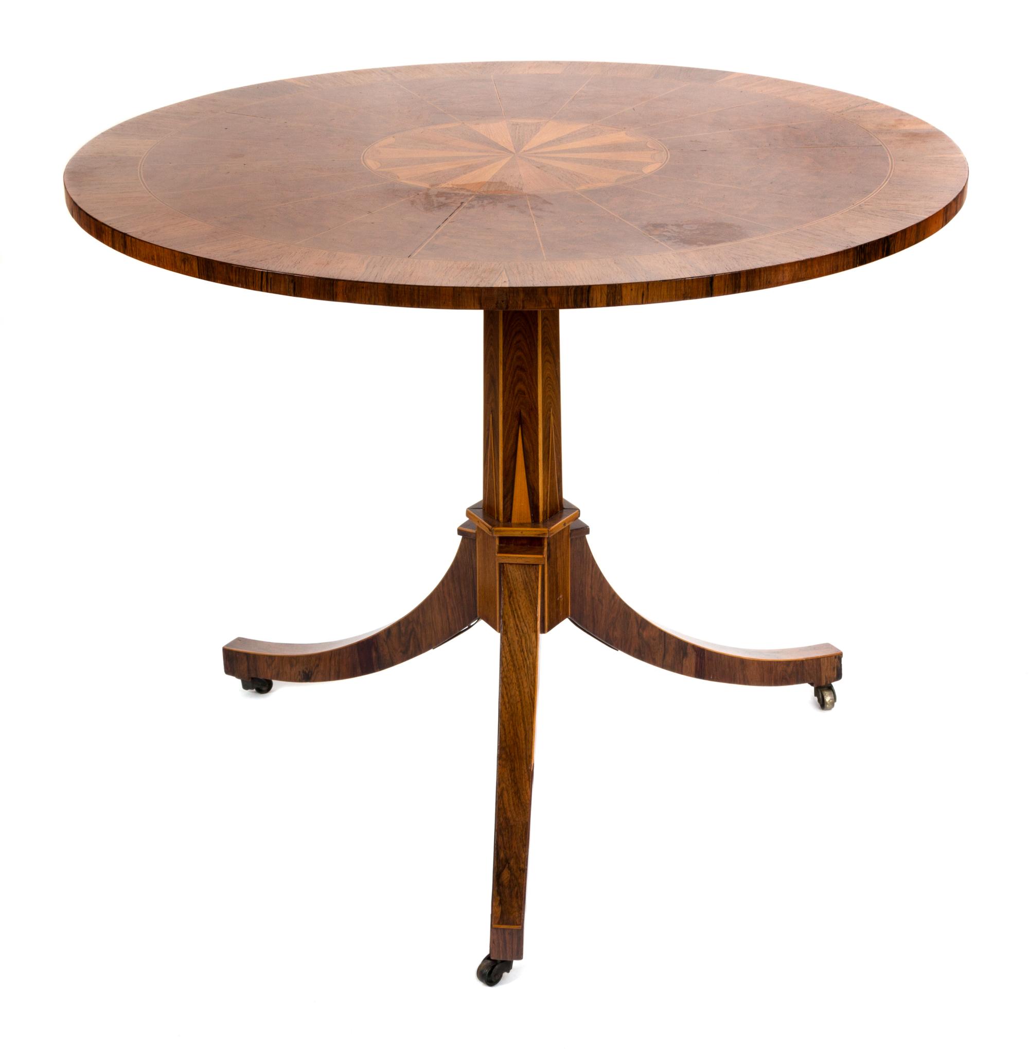 A Louis XVI Style Tulipwood and Parquetry Circular Occasional Table Height 28 1/4 x diameter 19 1/2 inches. — 19TH/20TH CENTURY