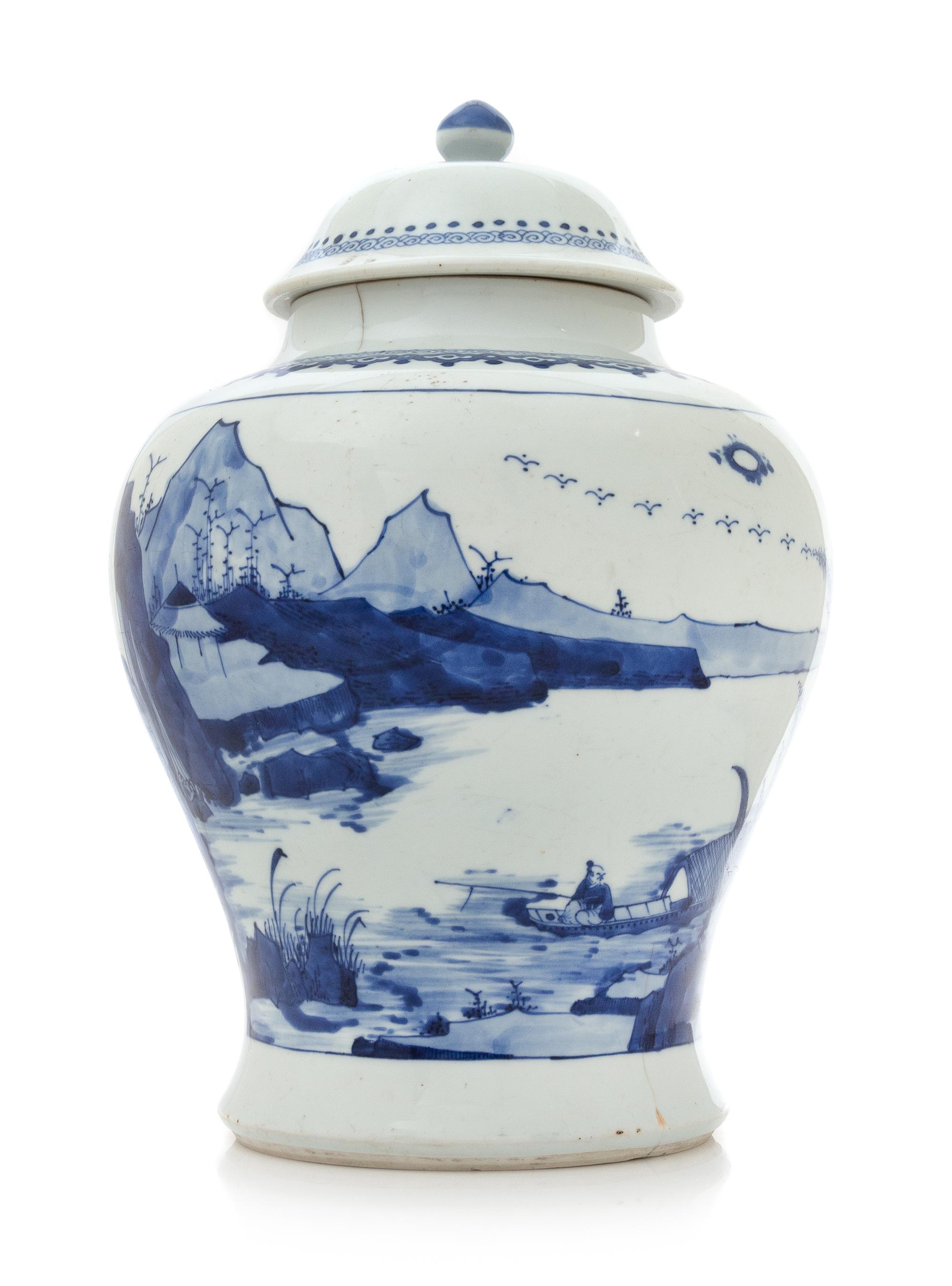 A Blue and White Porcelain Covered Jar, Jiangjunguan Height 11 1/2 inches. — KANGXI PERIOD (1661-1722)