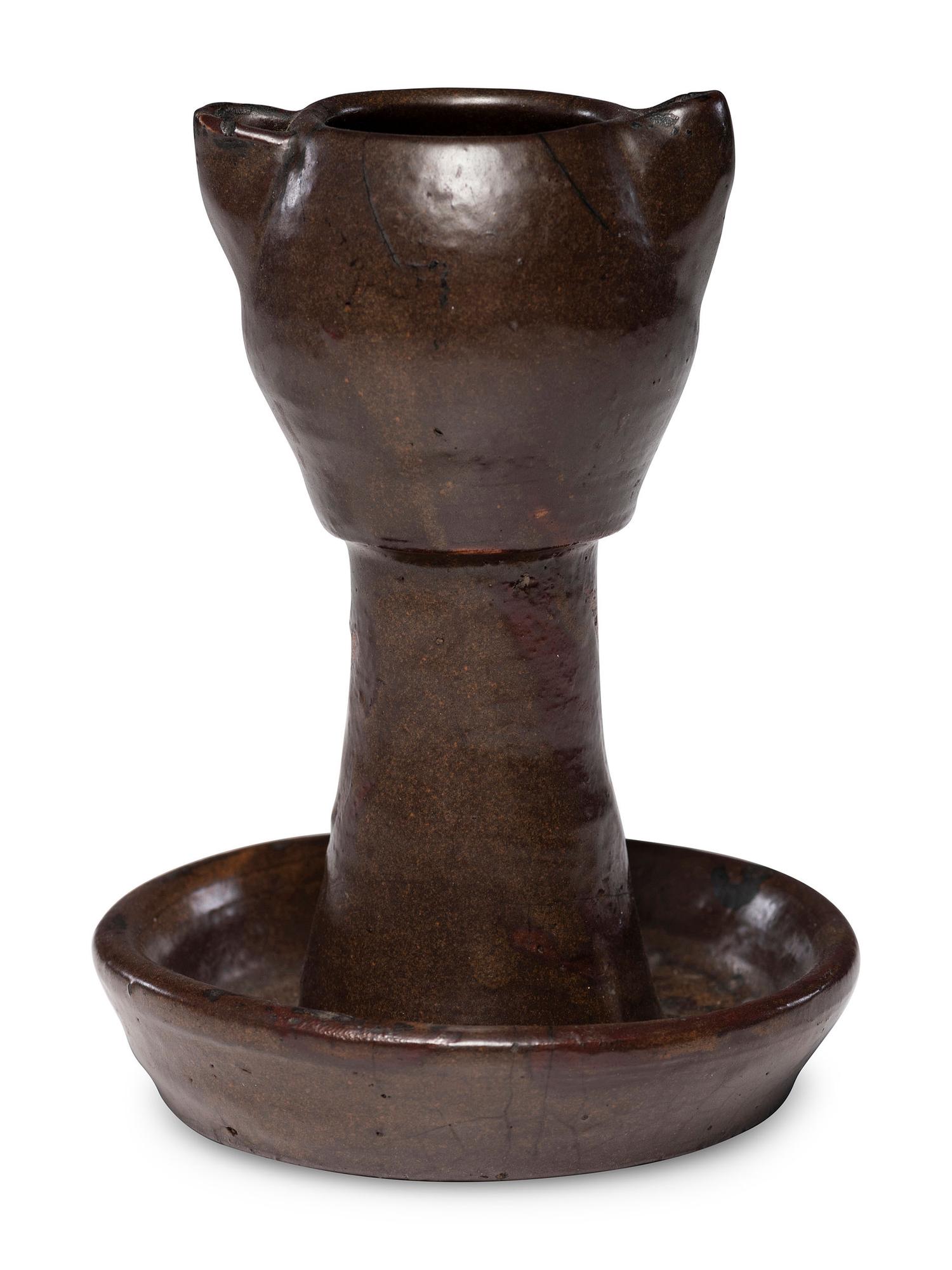 A Rare Double-Spouted Stoneware Grease Lamp, Attributed to Samuel Routson