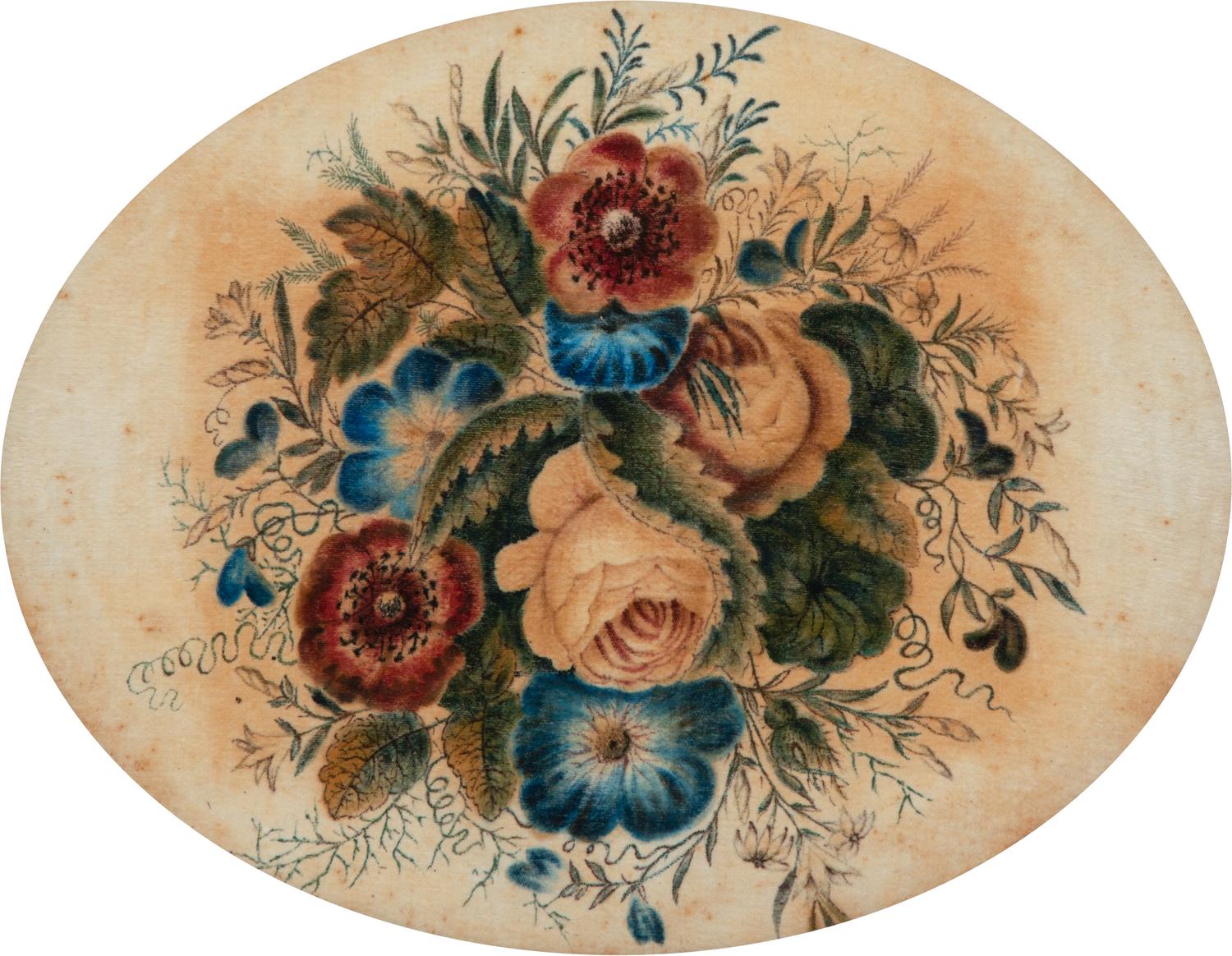 A Pair of Victorian Painted Velvet Floral Still Lifes