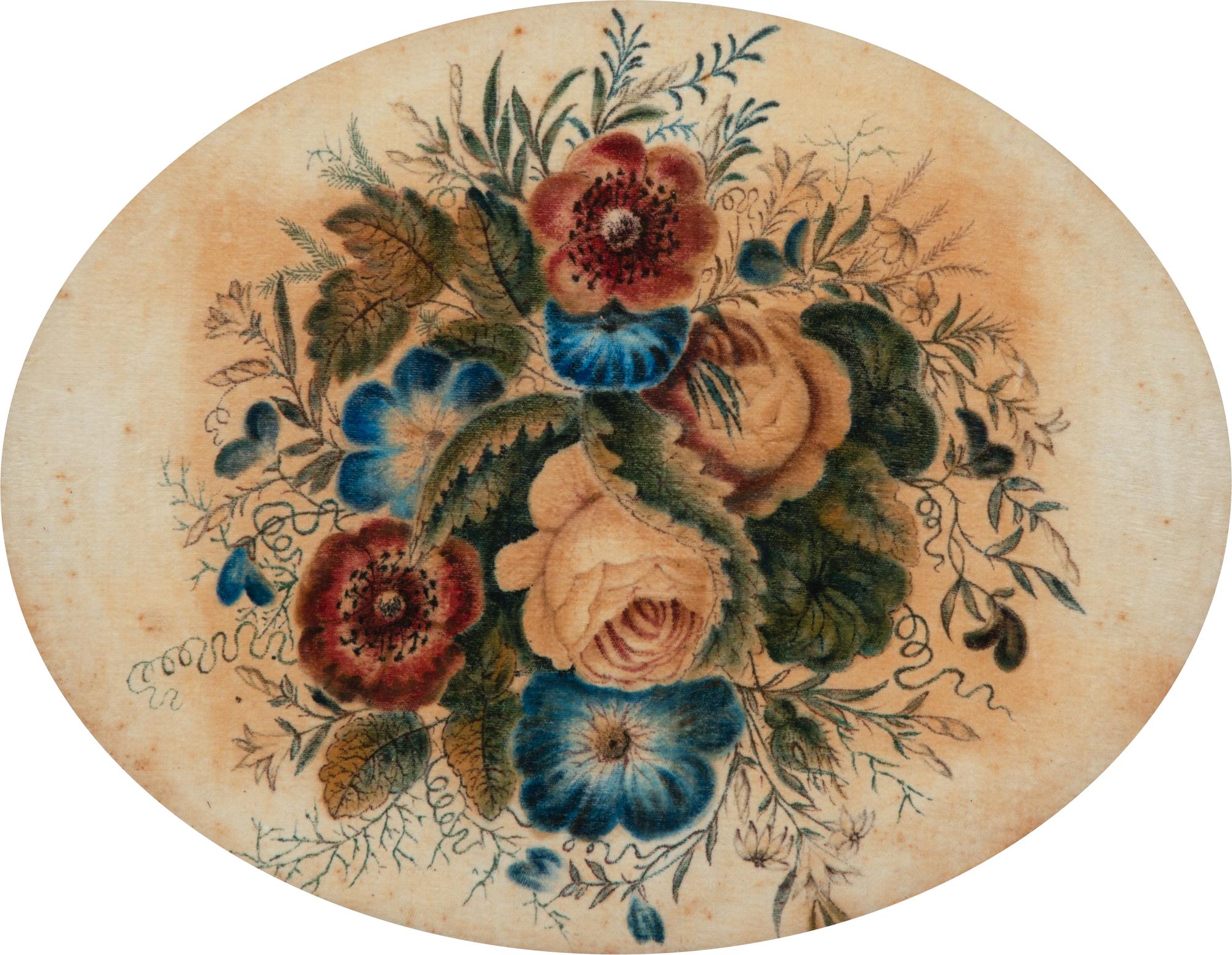 A Pair of Victorian Painted Velvet Floral Still Lifes