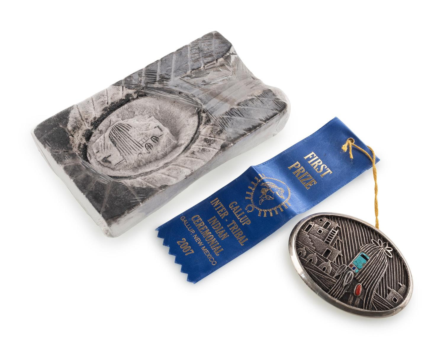Award Winning Tufa Cast Sterling Silver Katsina and Pueblo Scene Belt Buckle, AND Tufa Mold