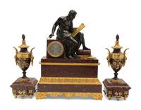A Large French Gilt and Patinated Bronze and Marble Figural Clock Garniture