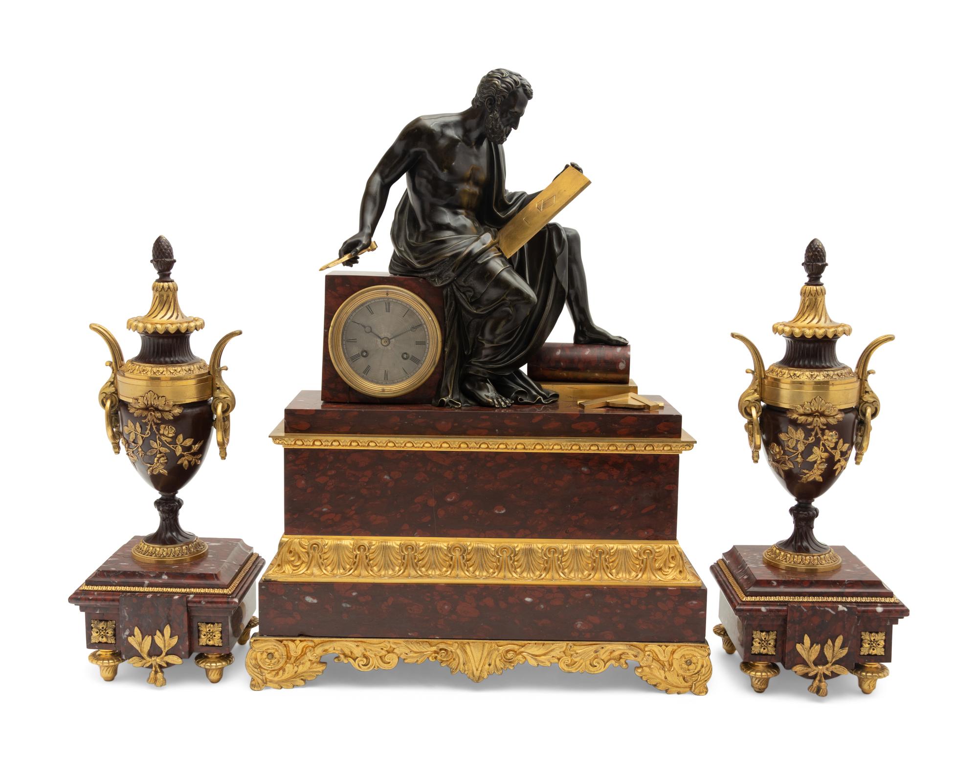 A Large French Gilt and Patinated Bronze and Marble Figural Clock Garniture