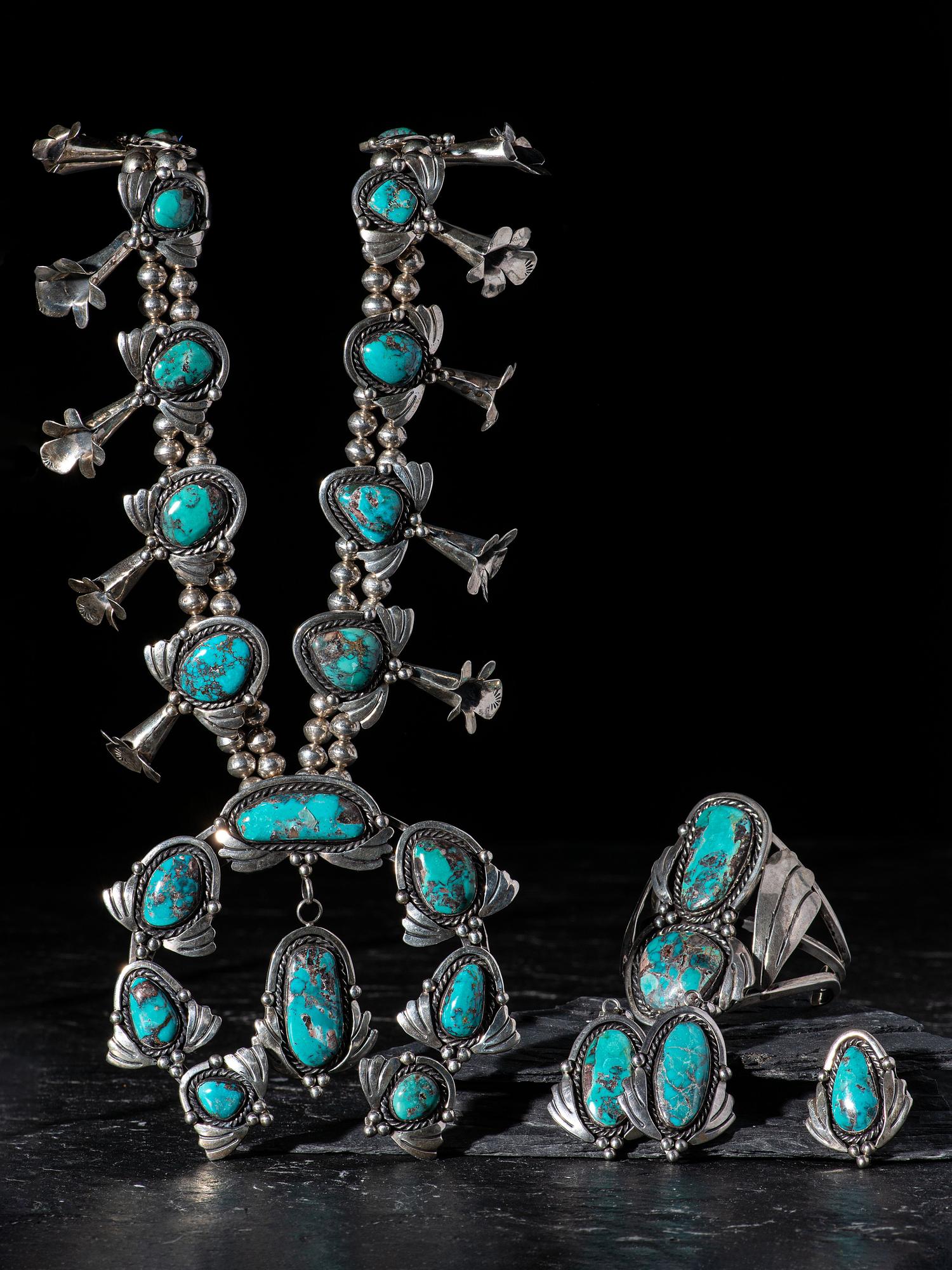 Navajo Silver and Turquoise Squash Blossom Necklace, Post Earrings, Ring, and Cuff Bracelet Set