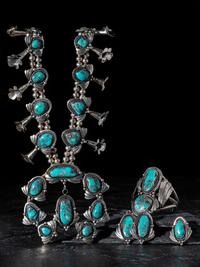 Navajo Silver and Turquoise Squash Blossom Necklace, Post Earrings, Ring, and Cuff Bracelet Set