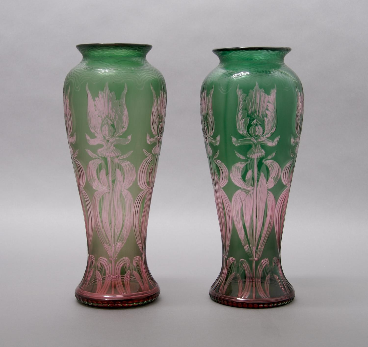A Pair of Etched Glass Vases, Height 11 3/4 inches.