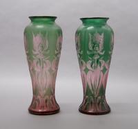 A Pair of Etched Glass Vases, Height 11 3/4 inches.