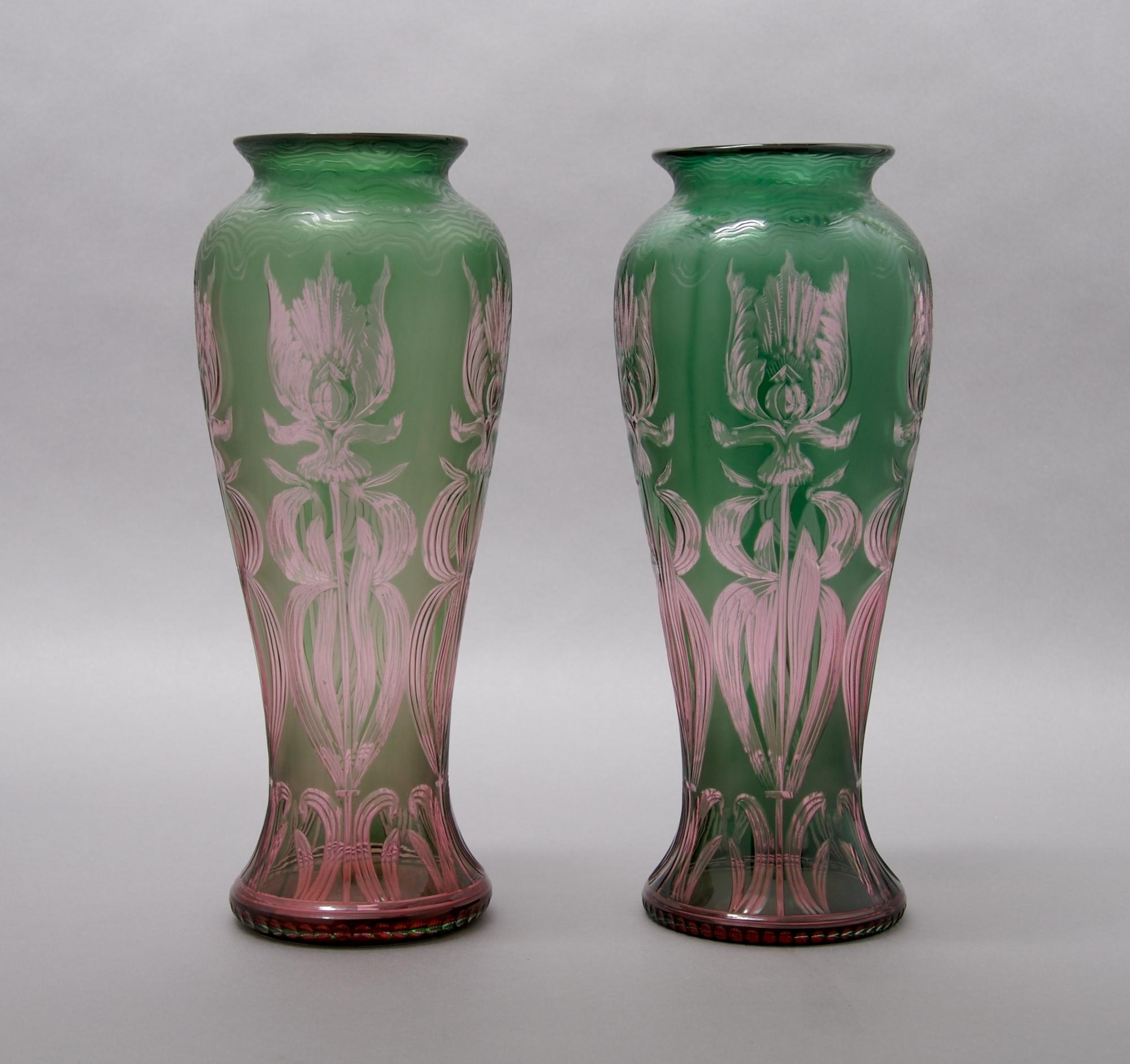 A Pair of Etched Glass Vases, Height 11 3/4 inches.