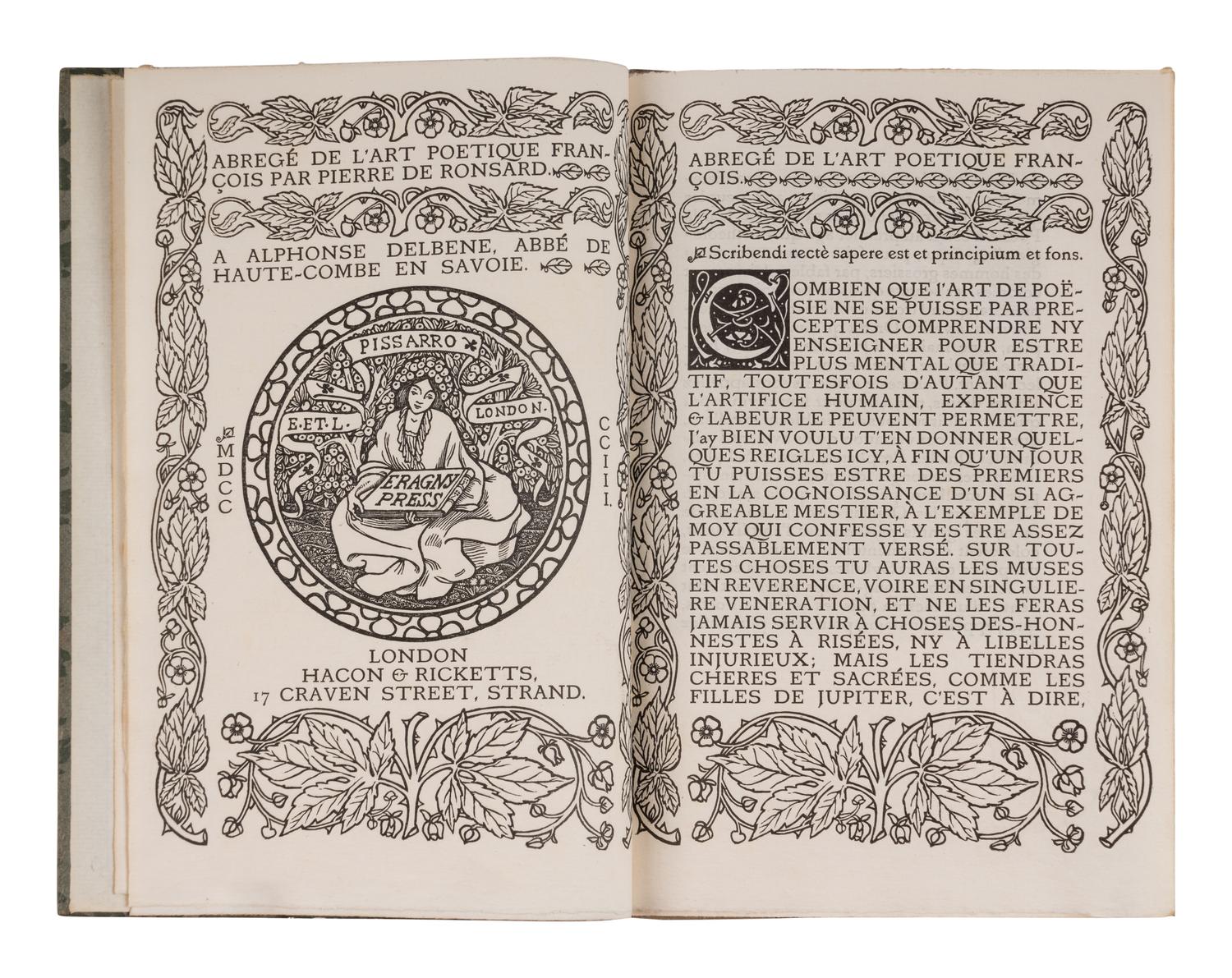 [ERAGNY PRESS]. RONSARD, Pierre de (1524-1585). Abregé de l'Art Poetique François . London: Eragny Press, 1903.