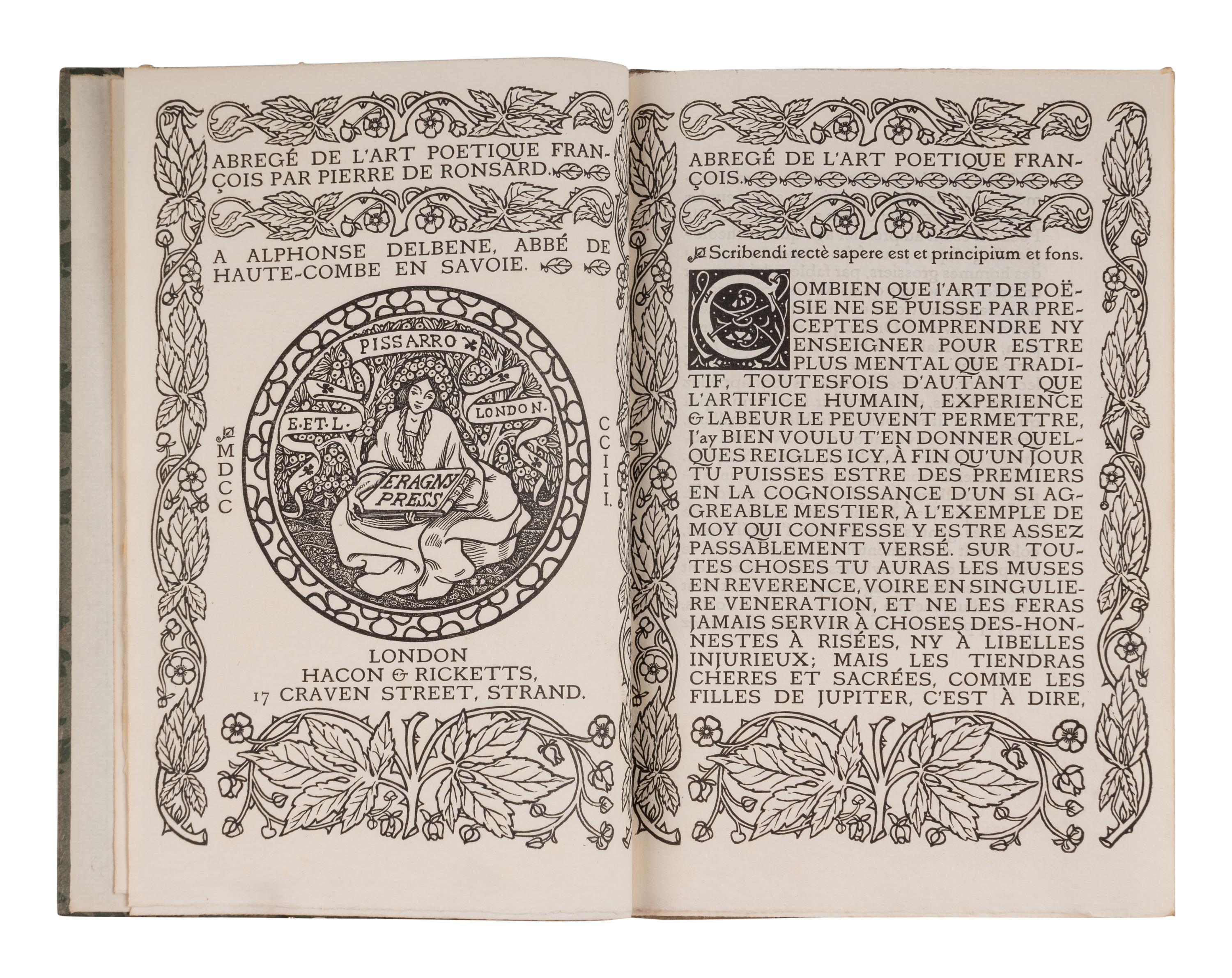 [ERAGNY PRESS]. RONSARD, Pierre de (1524-1585). Abregé de l'Art Poetique François . London: Eragny Press, 1903.
