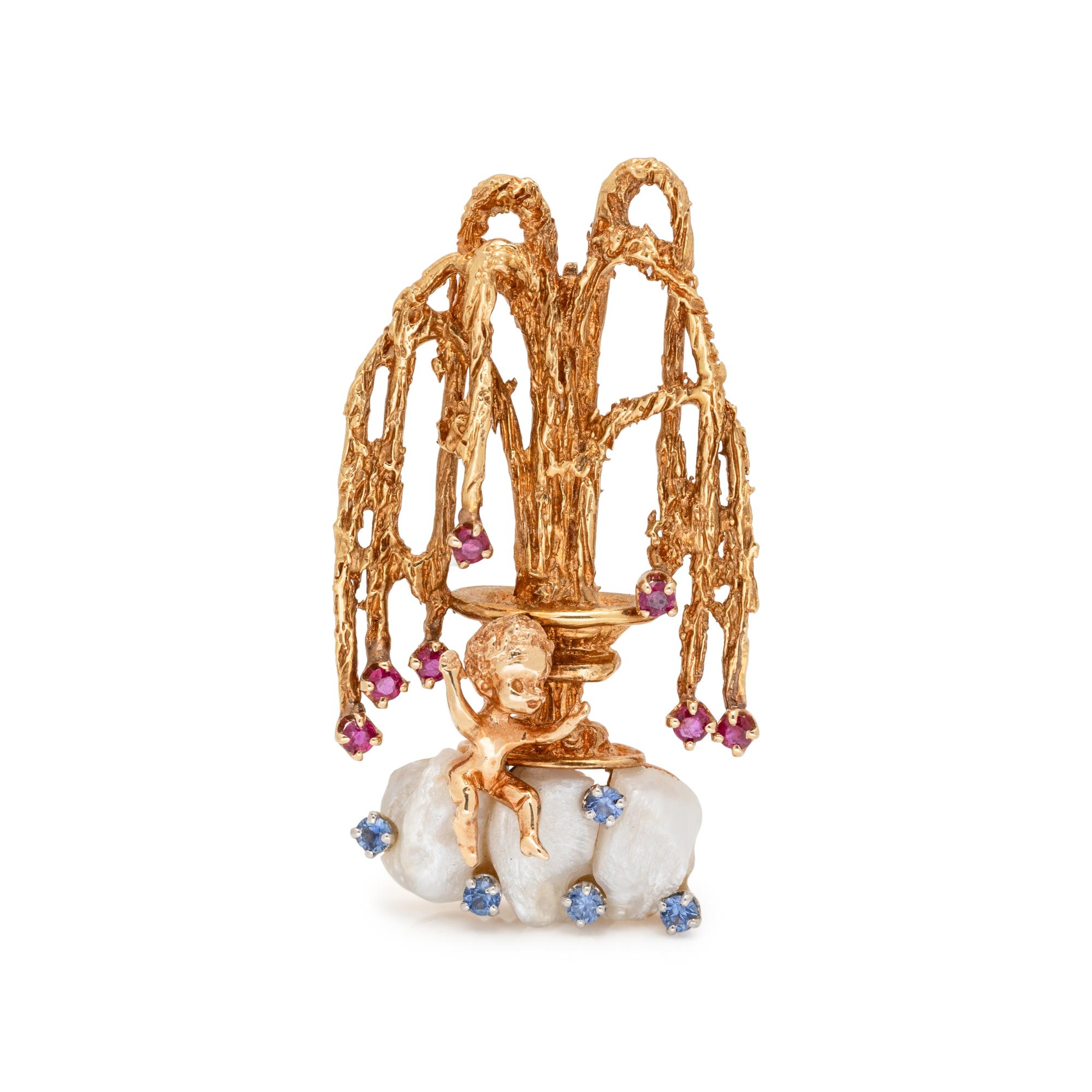 RUSER, YELLOW GOLD, CULTURED PEARL AND MULTIGEM BROOCH