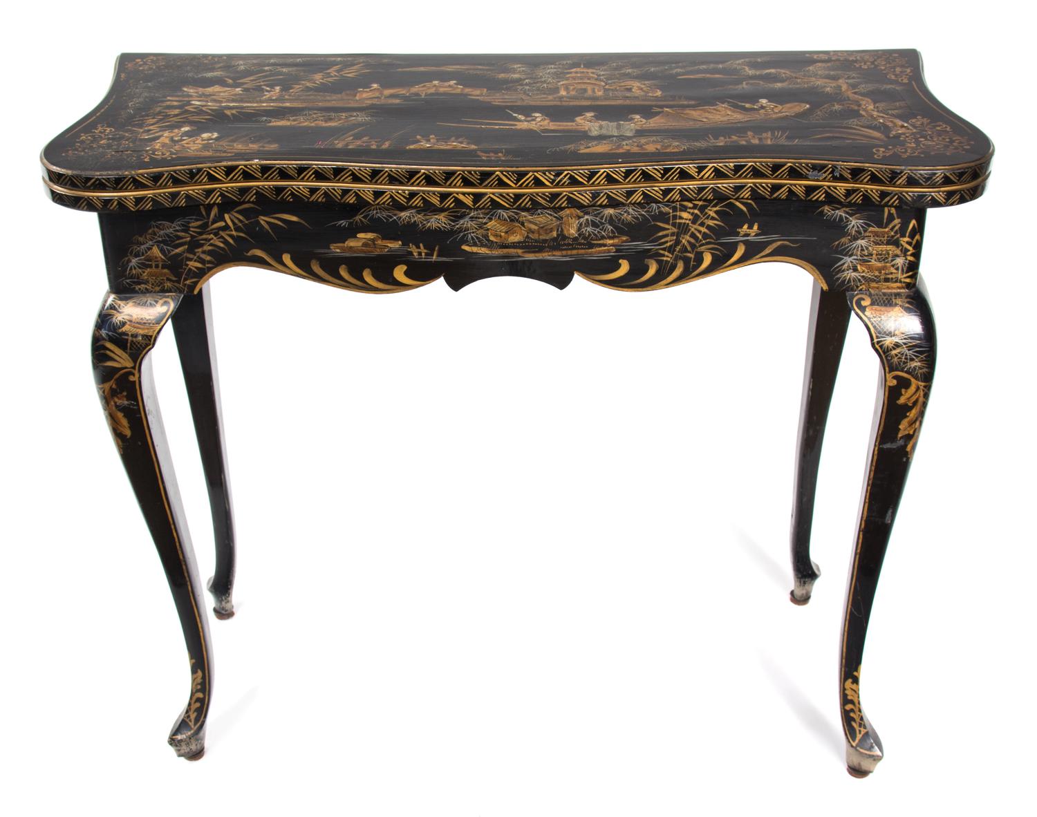 A Louis XV Style Black and Gilt Lacquered Flip-Top Card Table Height 30 x width 36 x depth 15 inches (closed). — 20TH CENTURY