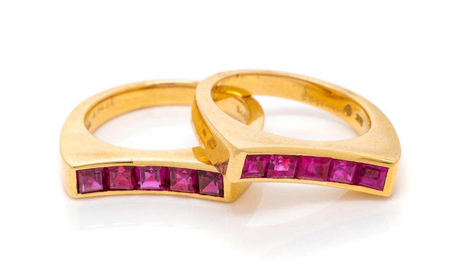 A Pair of 18 Karat Yellow Gold and Ruby Rings, Oscar Heyman & Brothers, 9.00 dwts.