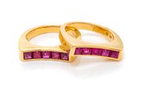 A Pair of 18 Karat Yellow Gold and Ruby Rings, Oscar Heyman & Brothers, 9.00 dwts.