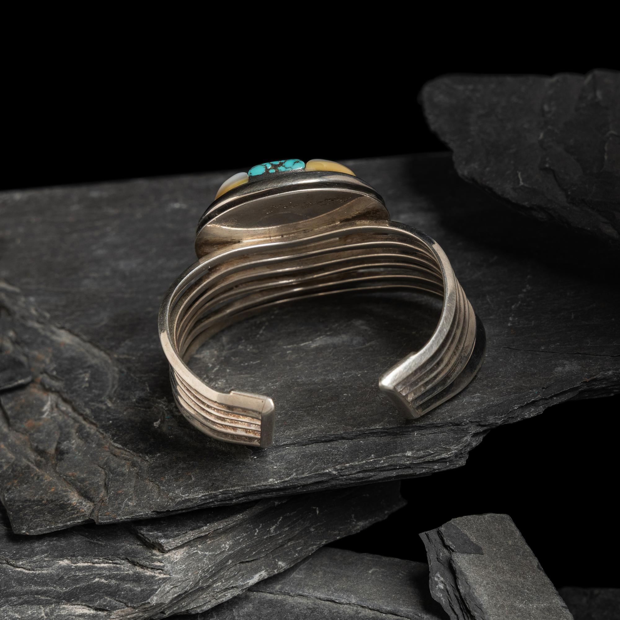 Victor Beck (Diné, 1941-2022) — Turquoise, Coral, and Mother of Pearl Silver Cuff Bracelet