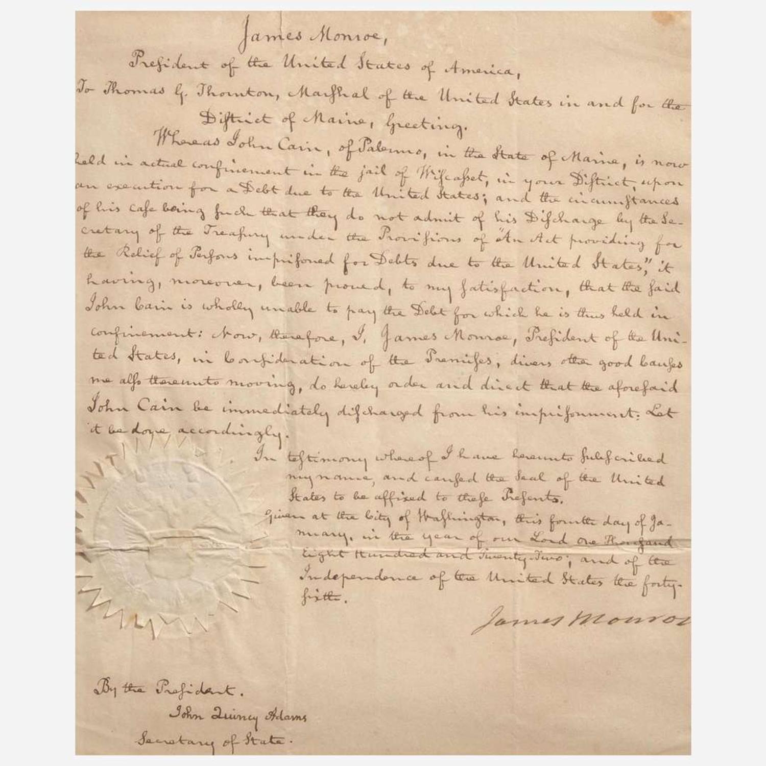 [Presidential] Adams, John Quincy, and James Monroe Autograph Document, signed