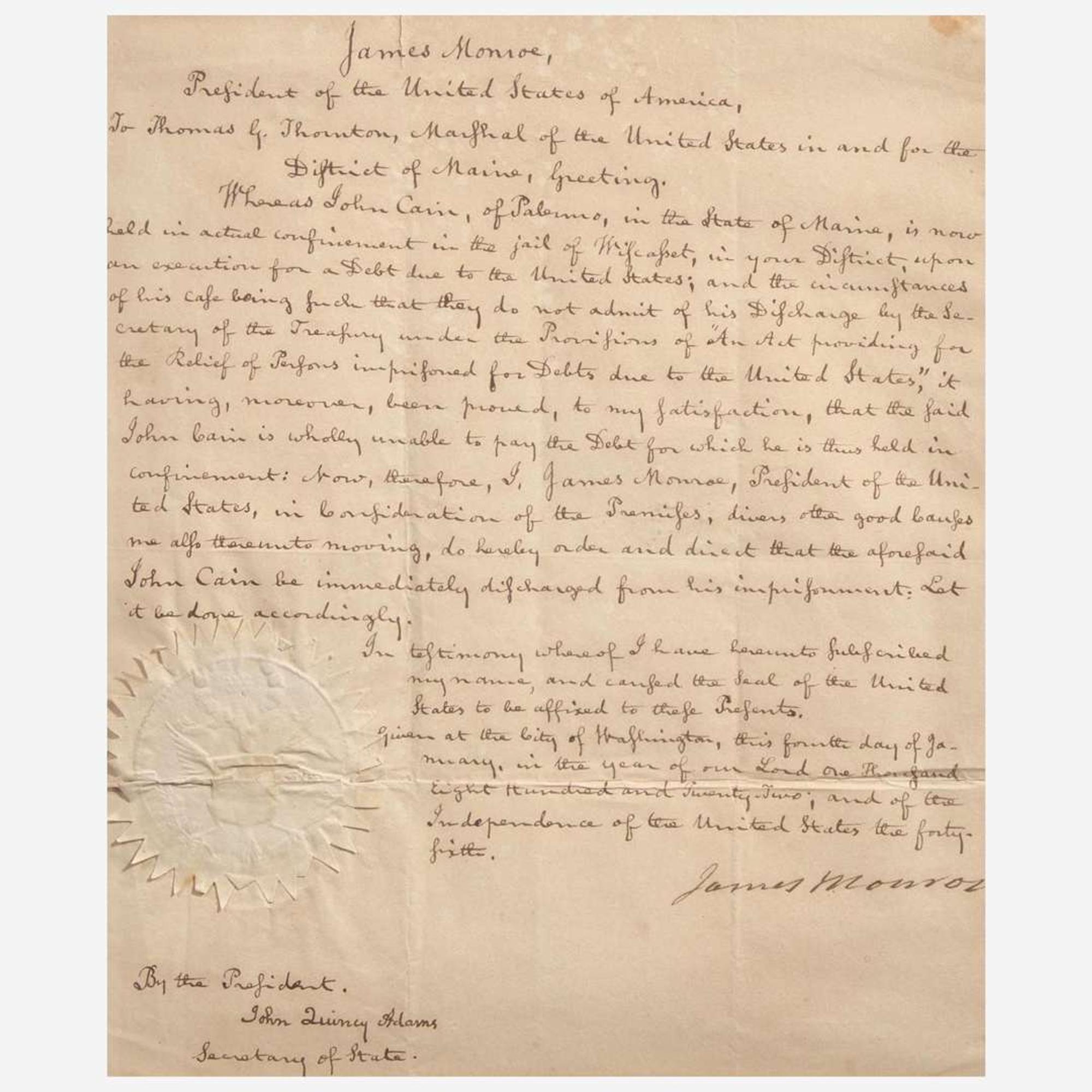 [Presidential] Adams, John Quincy, and James Monroe Autograph Document, signed