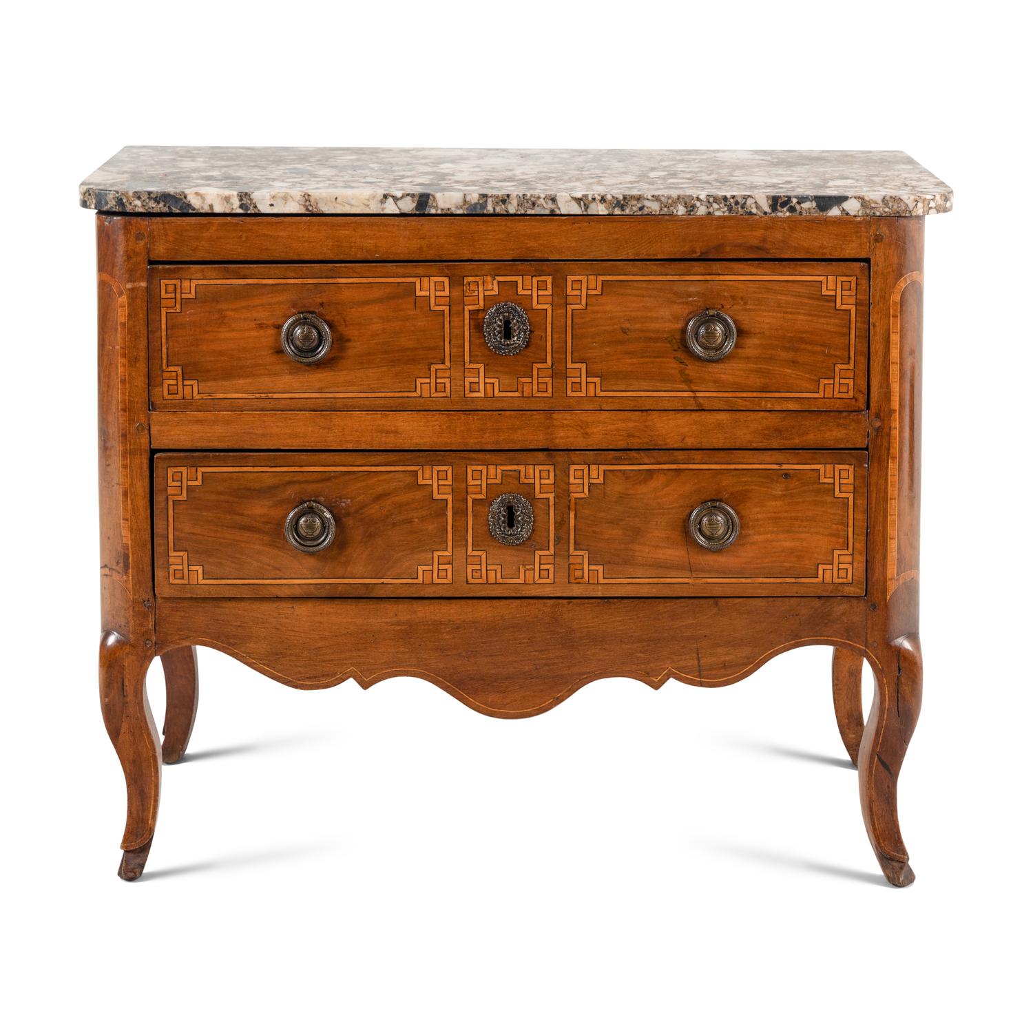 A Louis XVI Walnut and Breccia Marble-Top Commode