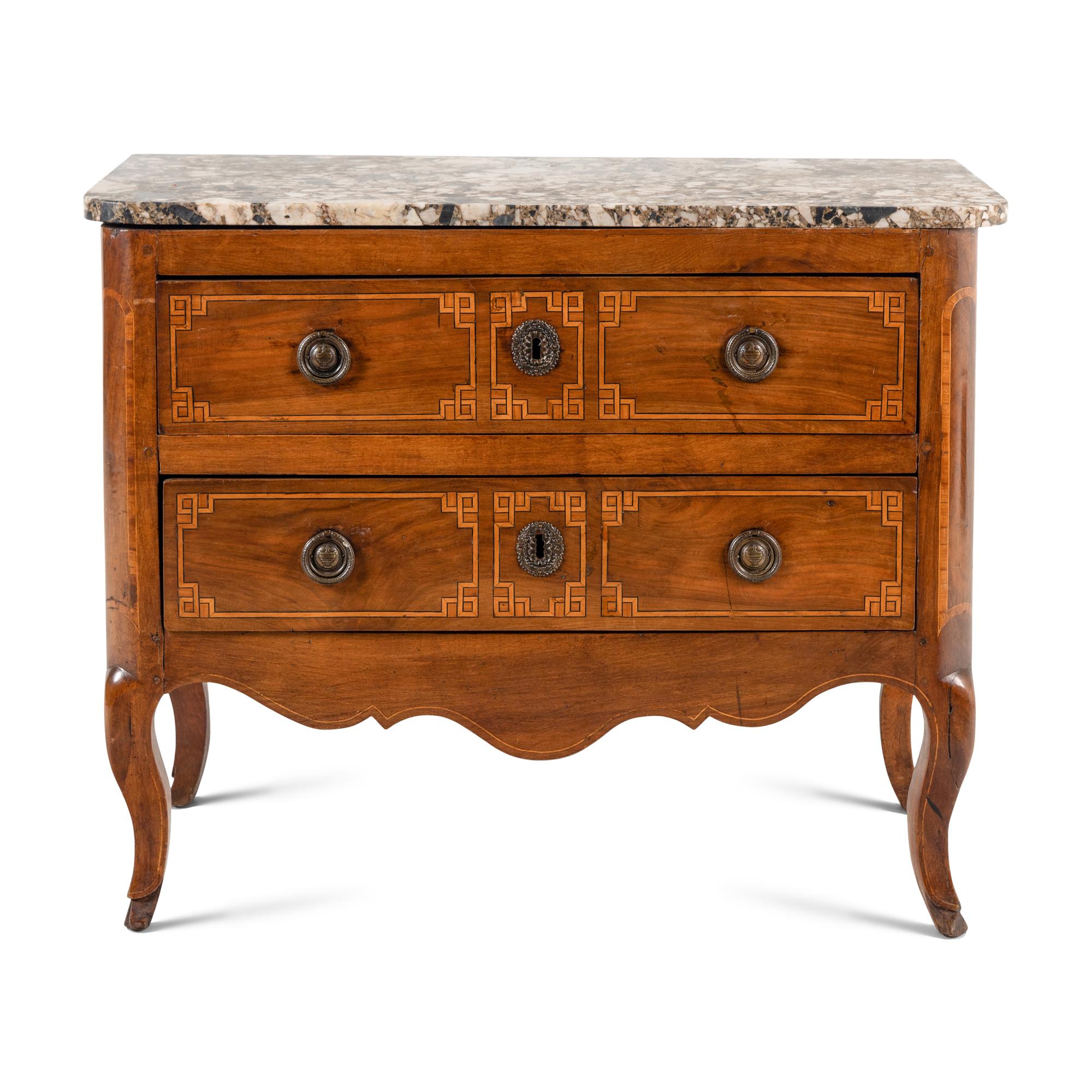 A Louis XVI Walnut and Breccia Marble-Top Commode