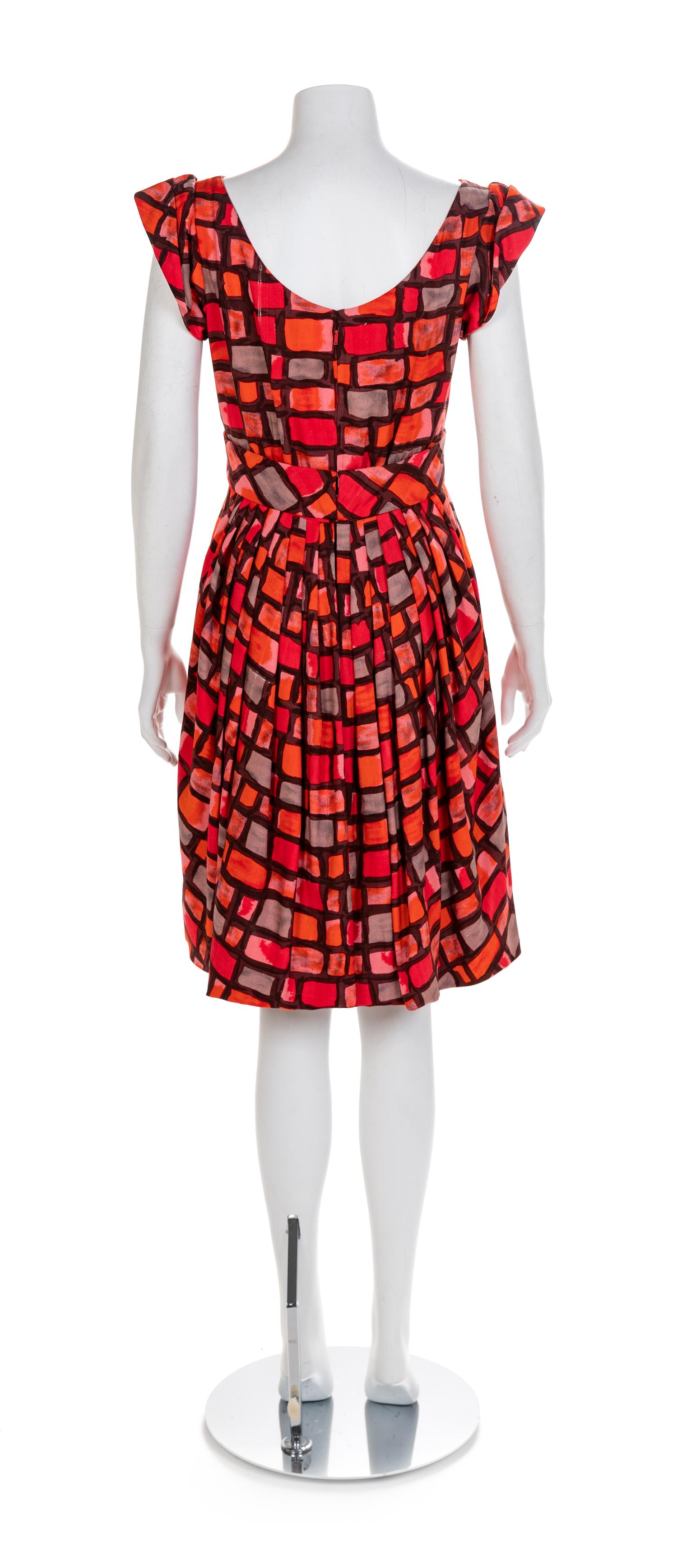 Galanos Red and Pink Square Patterned Dress, 1960-70s No size label