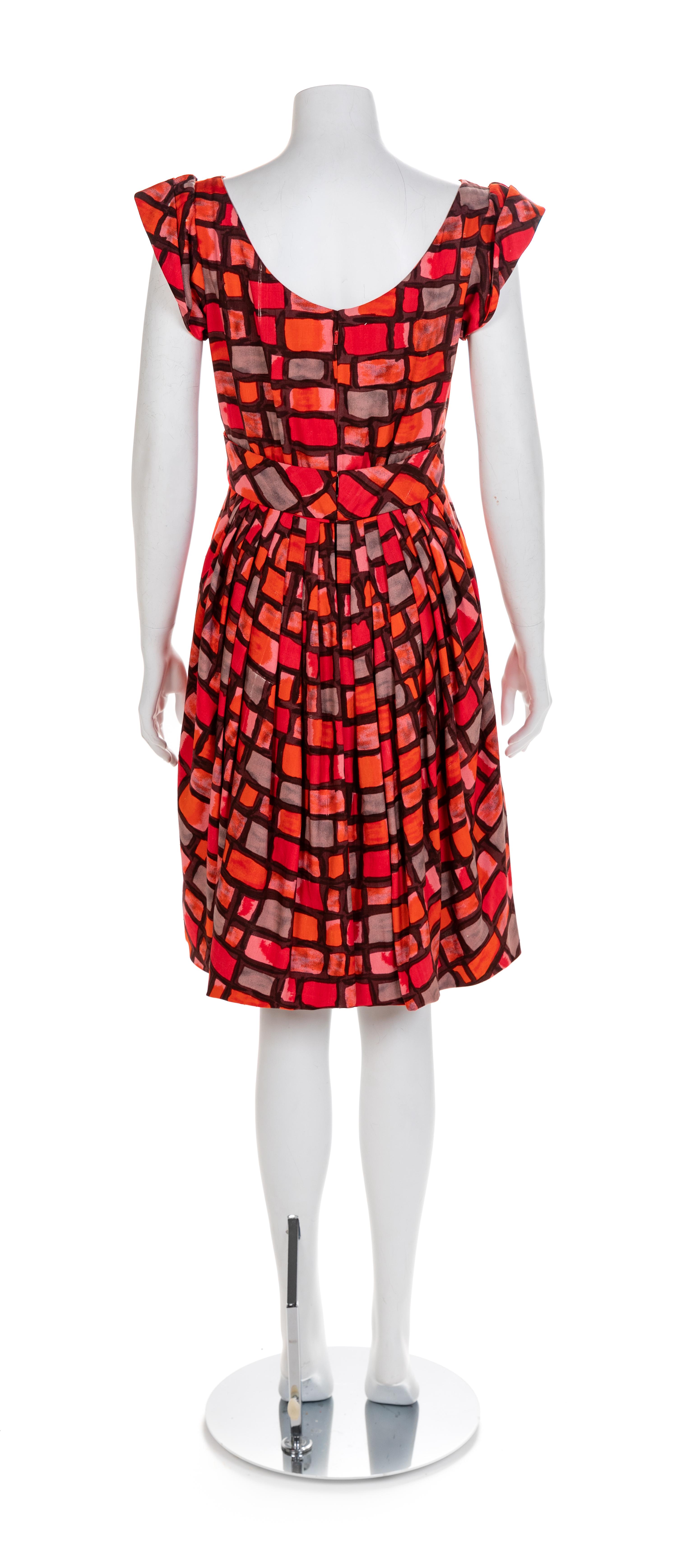 Galanos Red and Pink Square Patterned Dress, 1960-70s No size label
