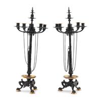 A Pair of French Neoclassical Patinated and Parcel Gilt Bronze and Marble Candelabra