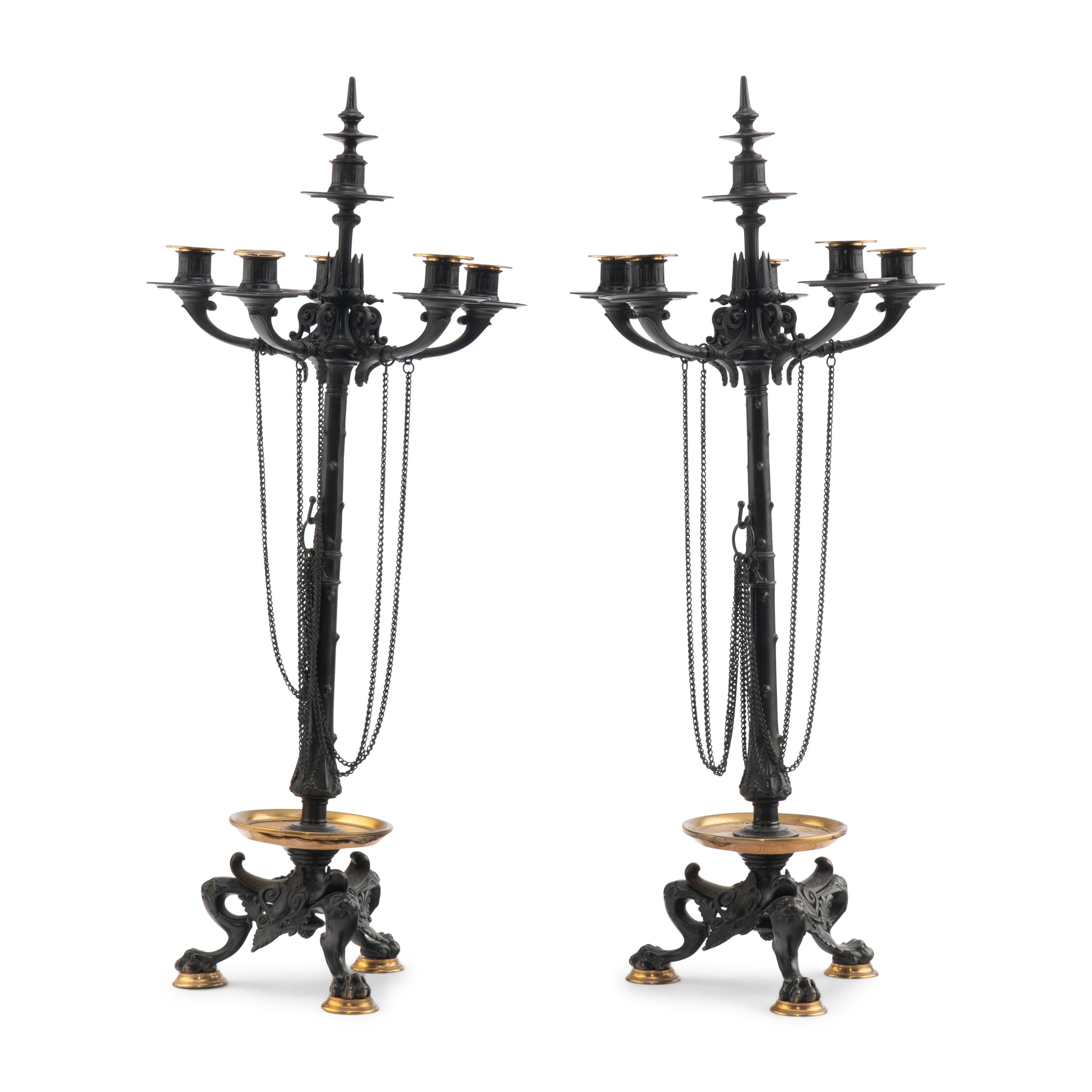 A Pair of French Neoclassical Patinated and Parcel Gilt Bronze and Marble Candelabra