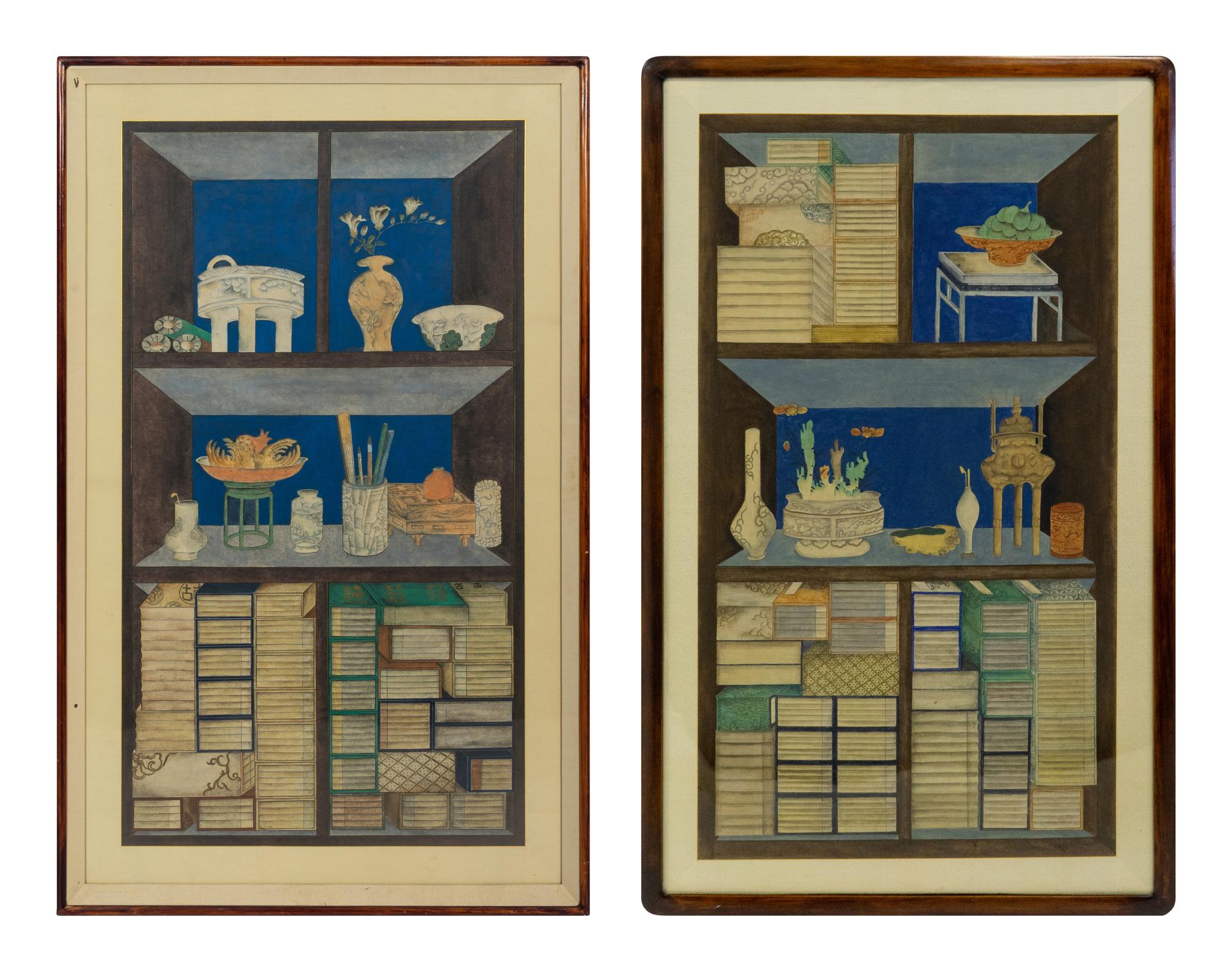A Pair of Korean Books and Scholars’ Accoutrements (Chaekgeori) Paintings, Joseon Period, 19th Century 十九世紀 朝鮮王朝《冊架圖》兩幅