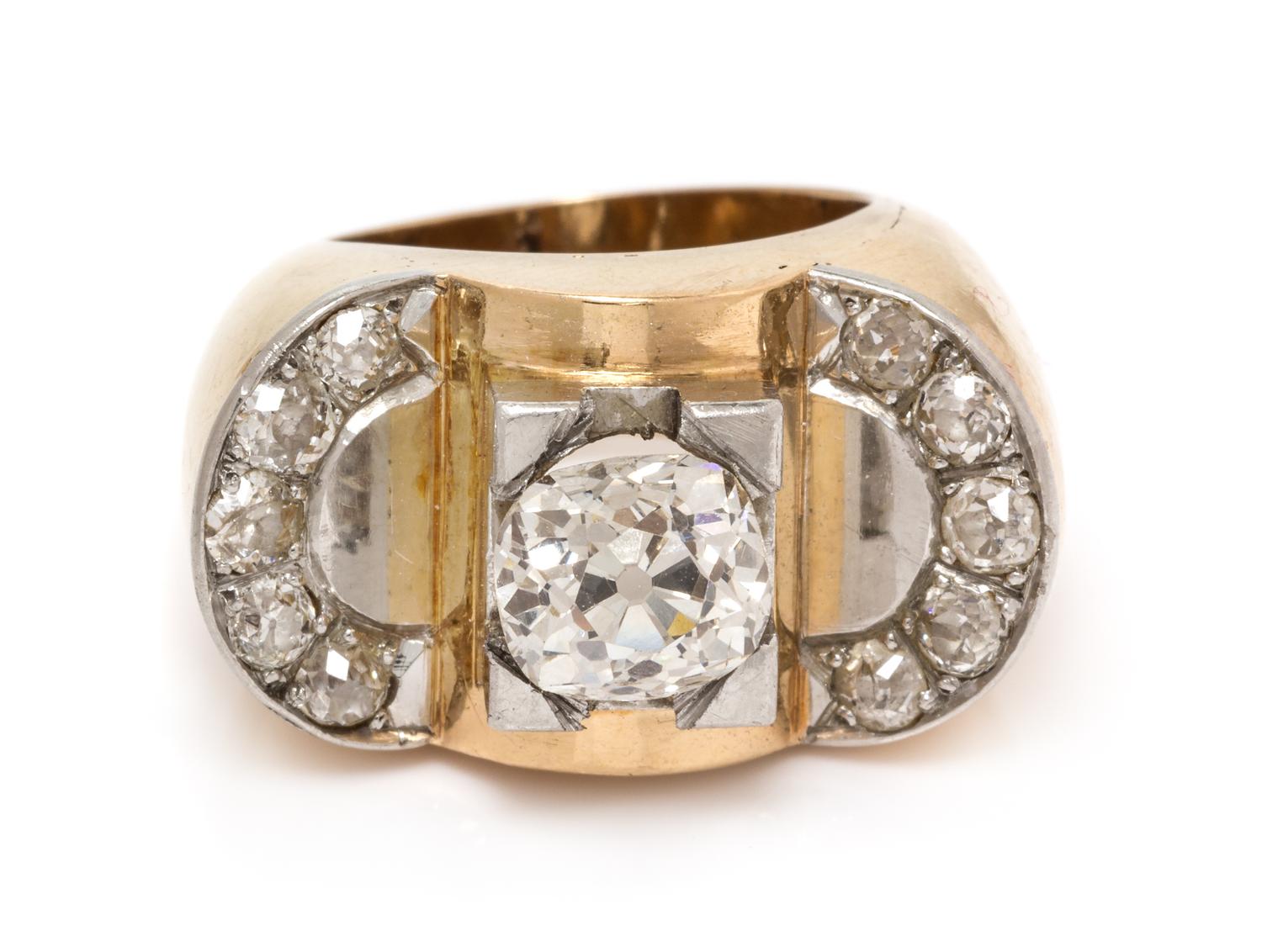 A Retro 18 Karat Yellow Gold, Platinum and Diamond Ring, French, 8.80 dwts.