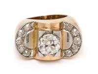 A Retro 18 Karat Yellow Gold, Platinum and Diamond Ring, French, 8.80 dwts.