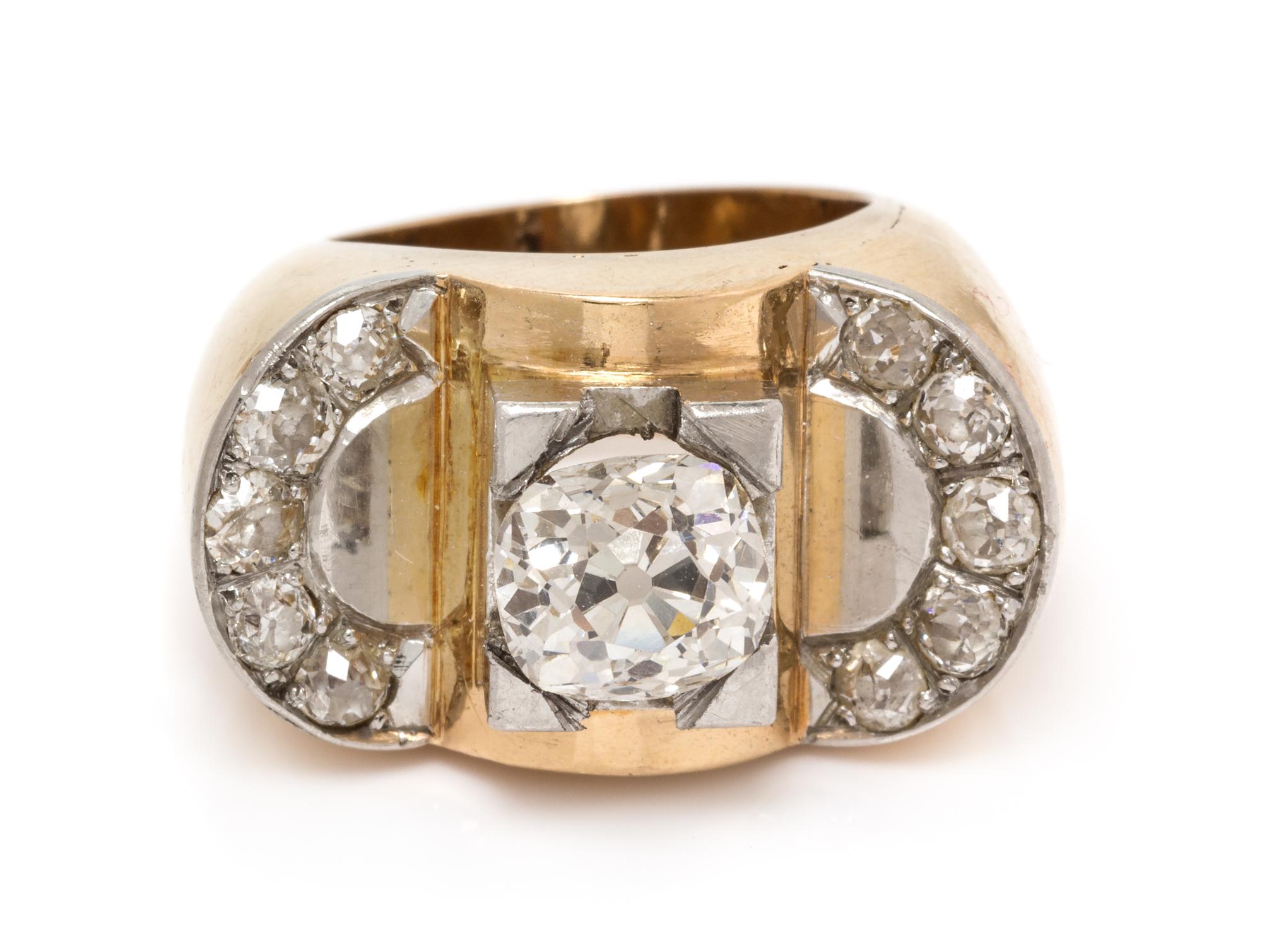 A Retro 18 Karat Yellow Gold, Platinum and Diamond Ring, French, 8.80 dwts.