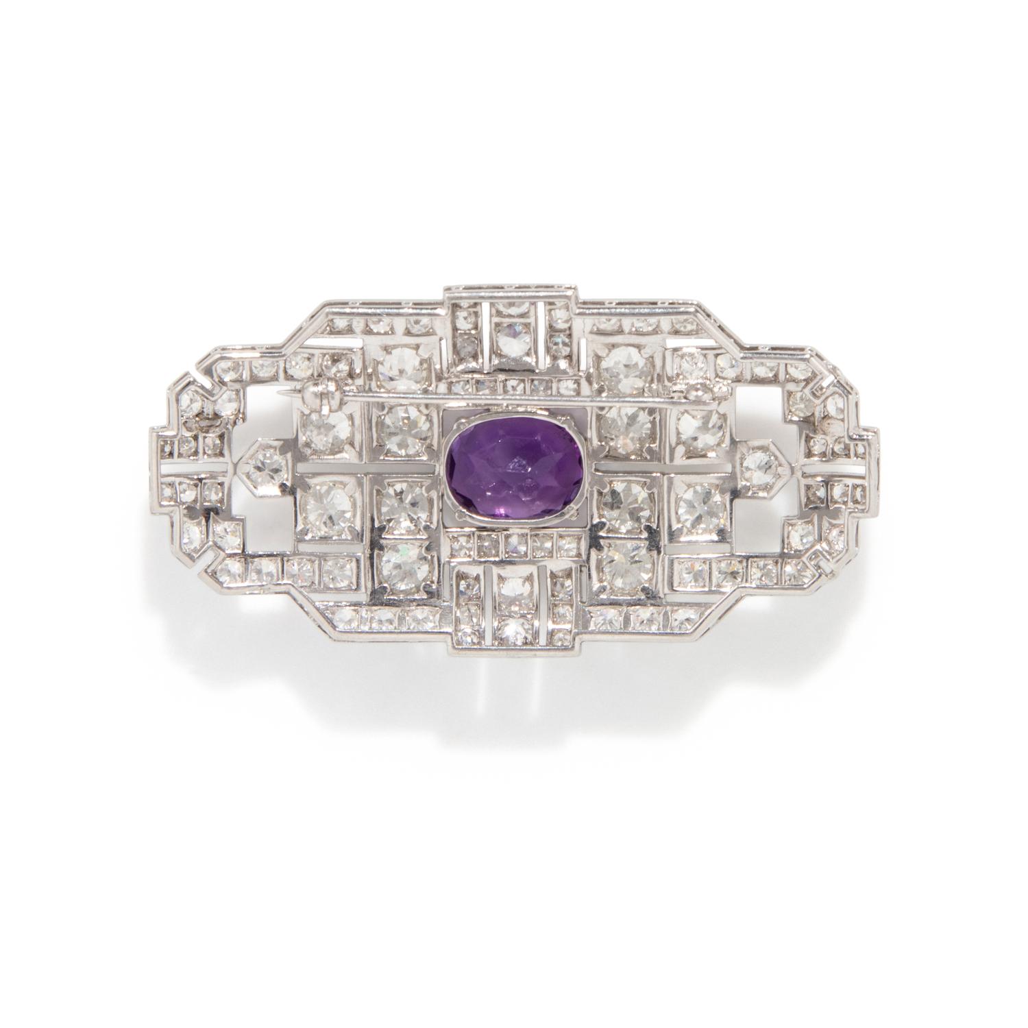 FRENCH, ART DECO, DIAMOND AND AMETHYST BROOCH