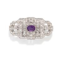 FRENCH, ART DECO, DIAMOND AND AMETHYST BROOCH