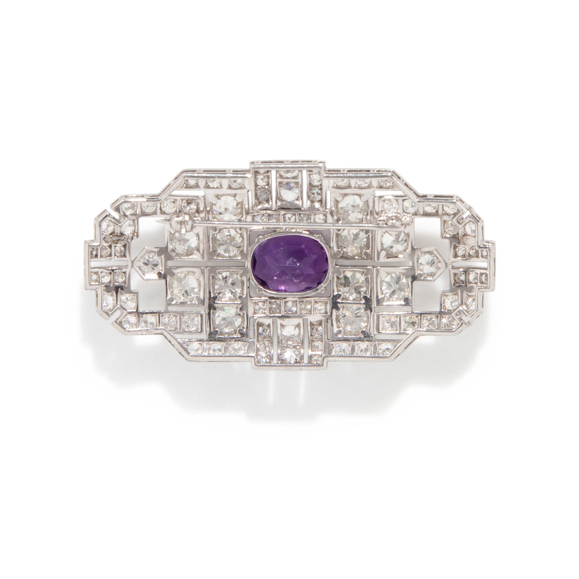 FRENCH, ART DECO, DIAMOND AND AMETHYST BROOCH