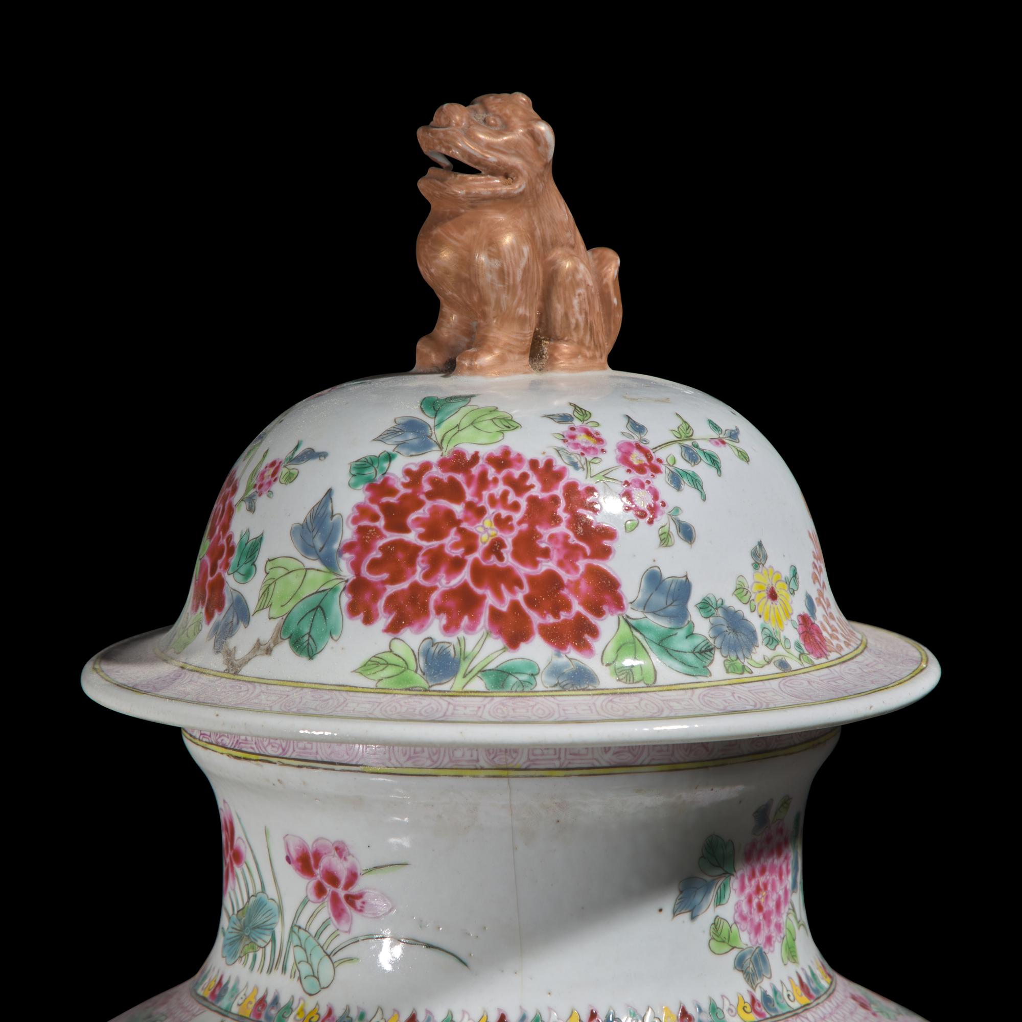 A Pair of Large Chinese Famille Rose Covered Vases 粉彩花鳥圖大蓋瓶一對
