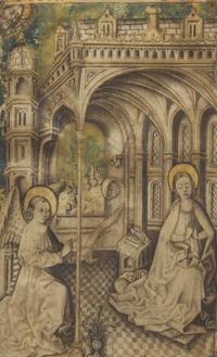 Spanish School (Castile), 15th century — Three Miniatures from an Illuminated Book of Hours: The Annunciation, King David, and The Flight into Egypt