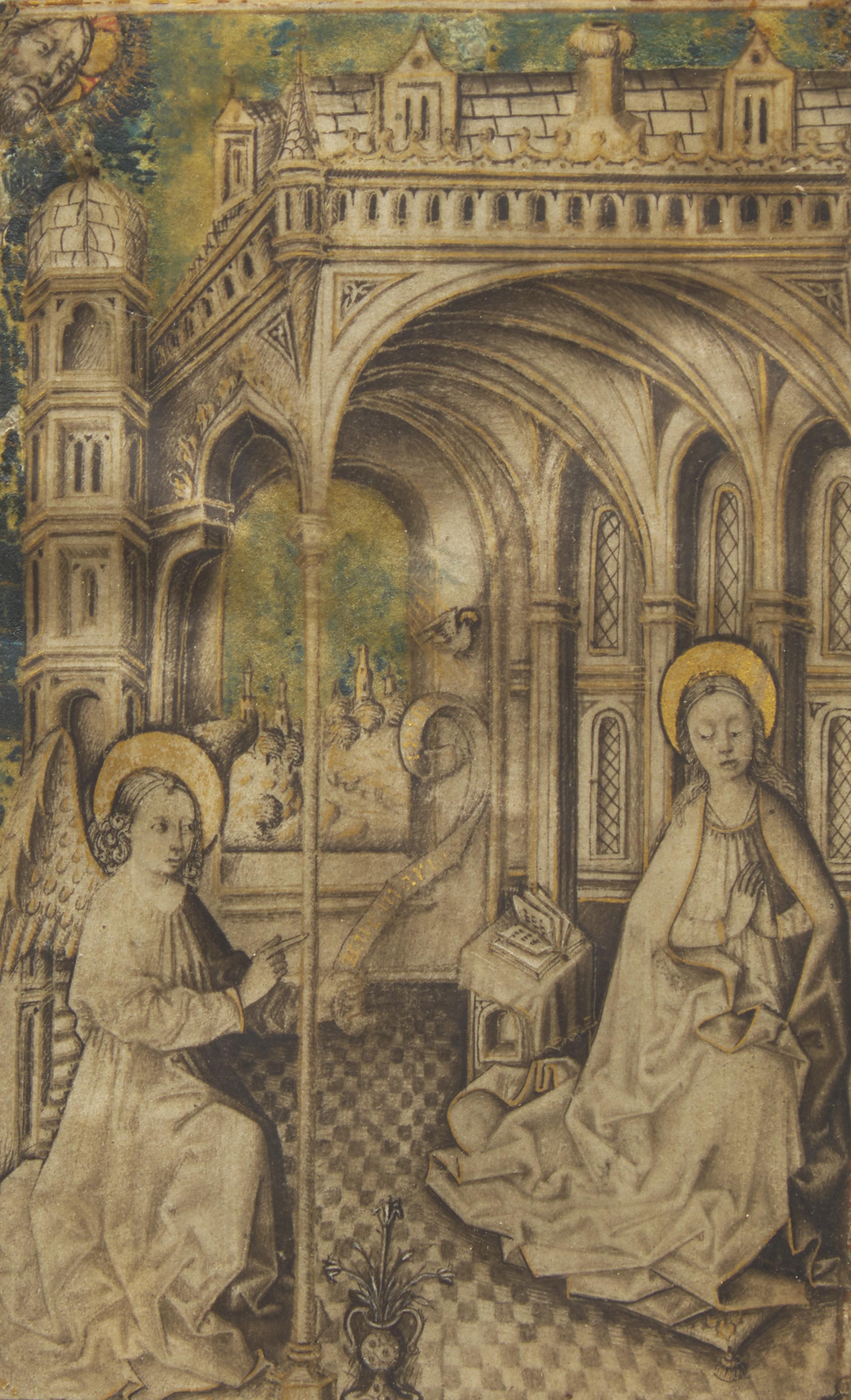 Spanish School (Castile), 15th century — Three Miniatures from an Illuminated Book of Hours: The Annunciation, King David, and The Flight into Egypt