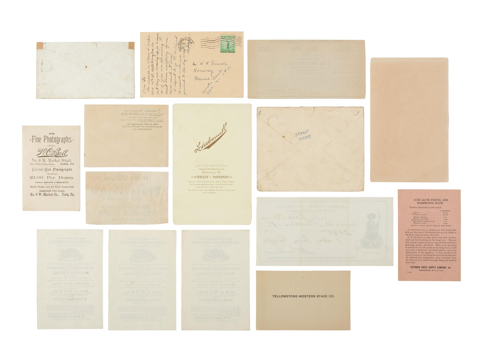 [EARLY PHOTOGRAPHY]. A large assortment of photographers' advertising cards, sheets, and signage.