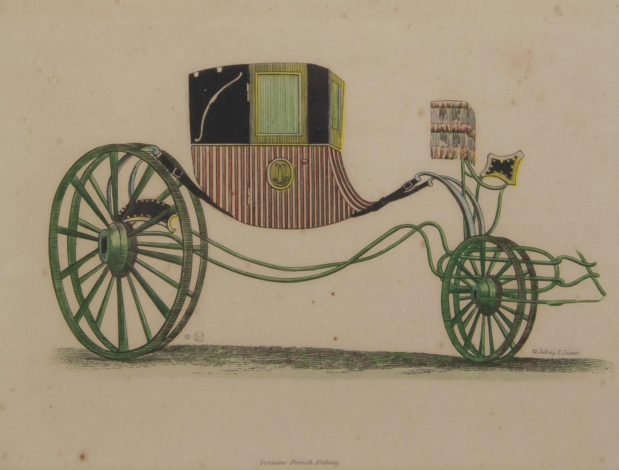 Nine French Handcolored Engravings, Sidney Z. Lucas, Height 5 3/4 x width 7 7/8 inches (visible).