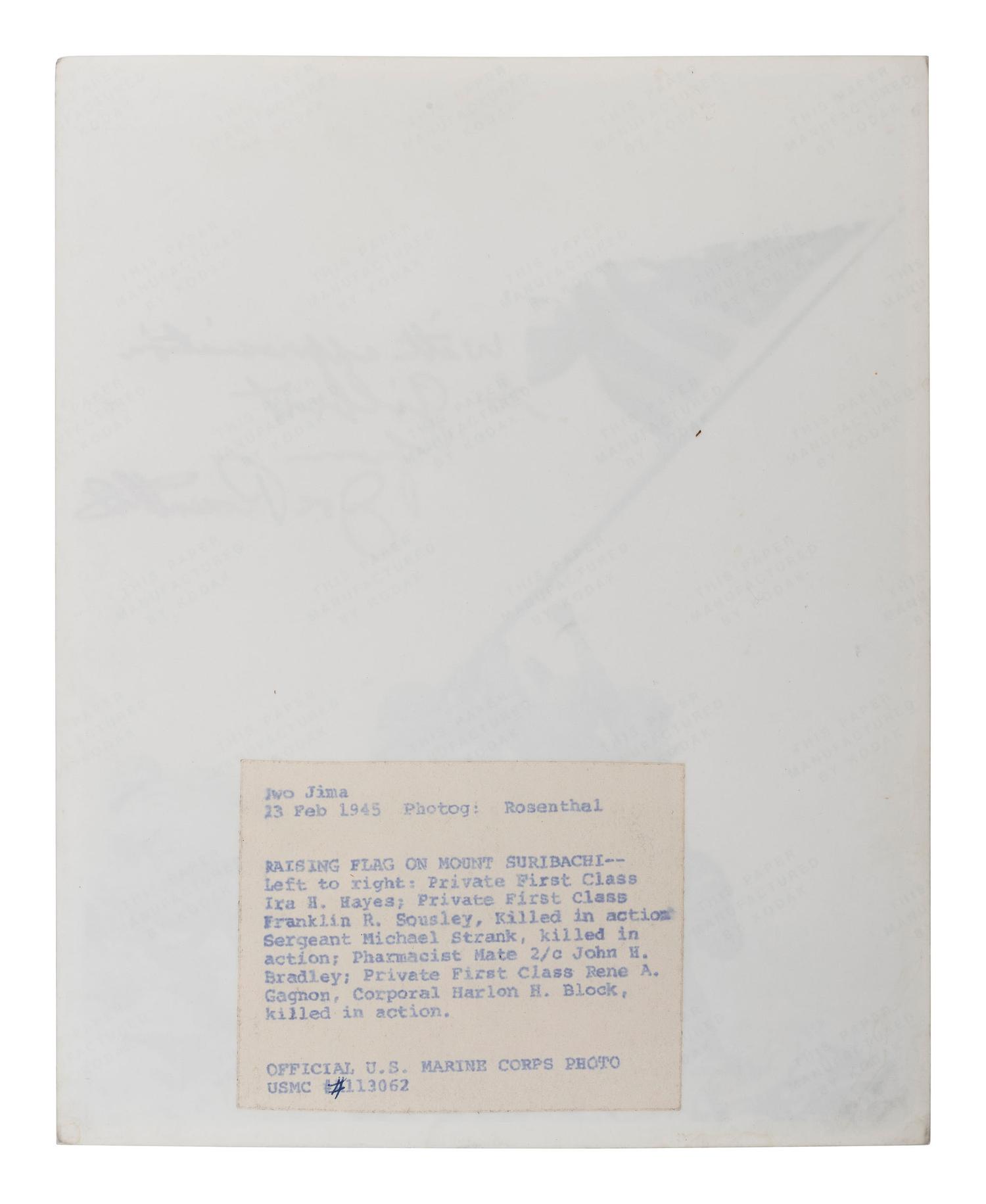 [WORLD WAR II - ROSENTHAL, Joe (1911-2006)]. Signed photograph of the flag-raising at Iwo Jima.