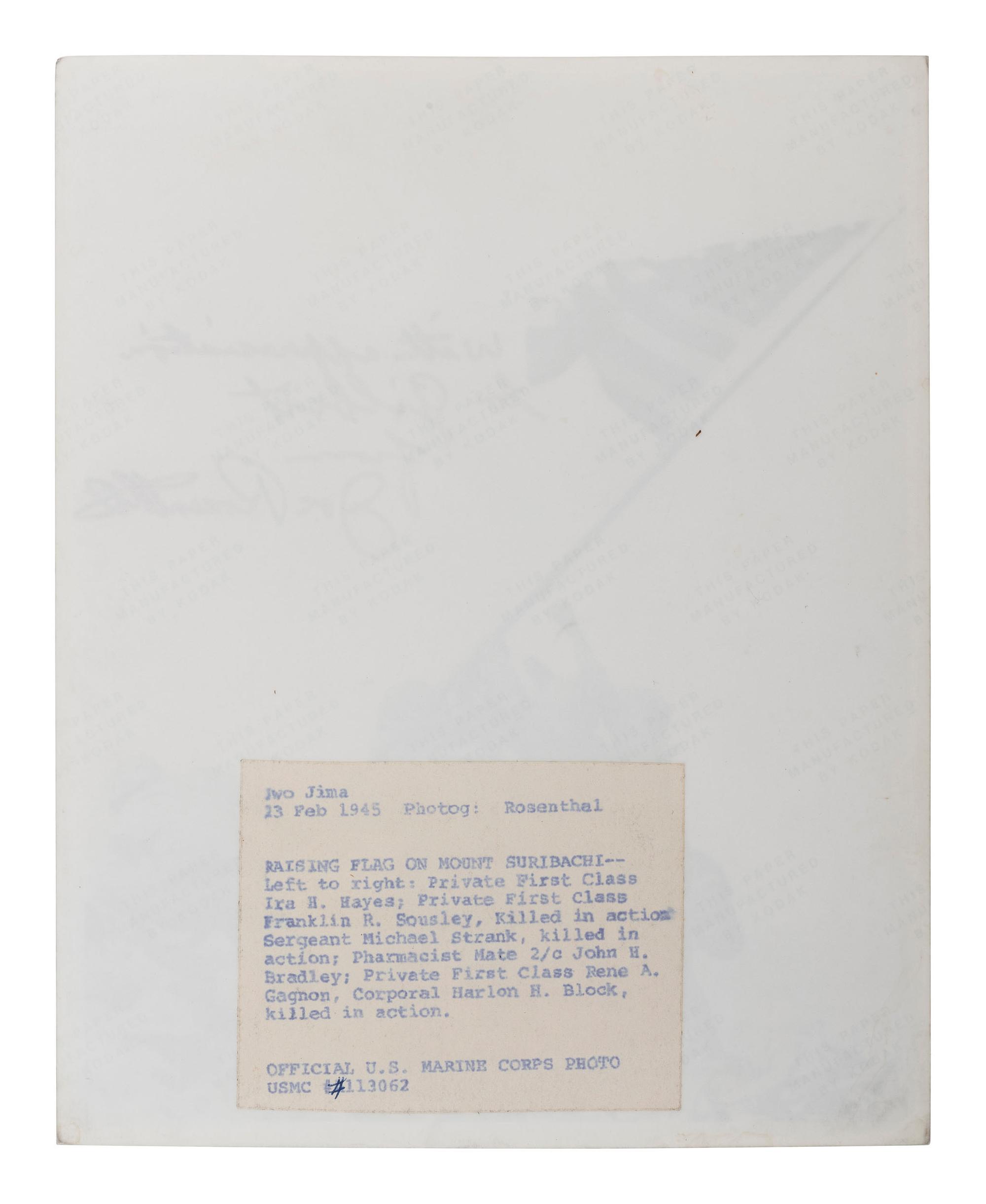 [WORLD WAR II - ROSENTHAL, Joe (1911-2006)]. Signed photograph of the flag-raising at Iwo Jima.