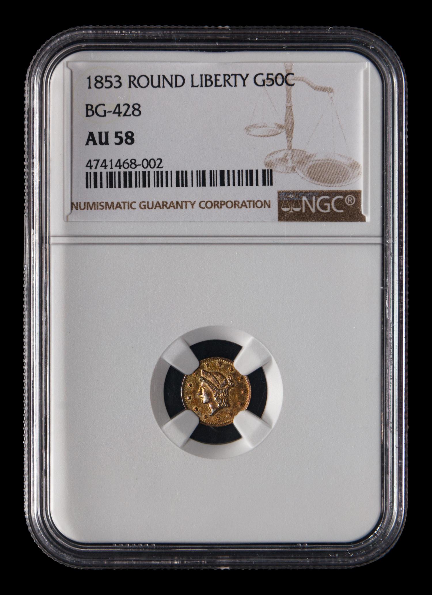 [CALIFORNIA FRACTIONAL] An 1853 BG-428 Liberty 50c Gold Coin (NGC AU58)